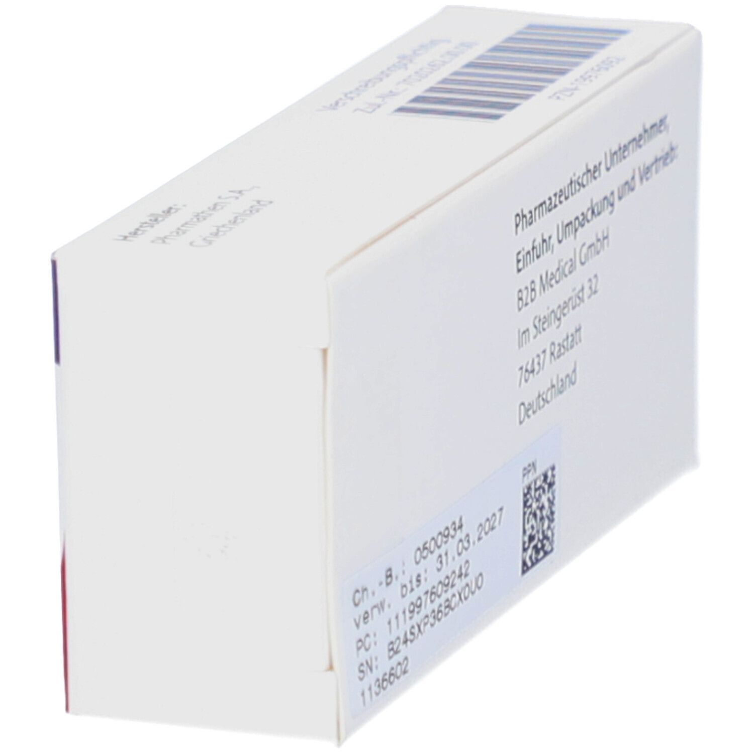 Rückseite der Ondansetron STADA 4 mg Filmtabletten-Packung. Text: Pharmazeutischer Unternehmer, B2B Medical GmbH, Chargen- und Verfallsdatum, QR-Code.