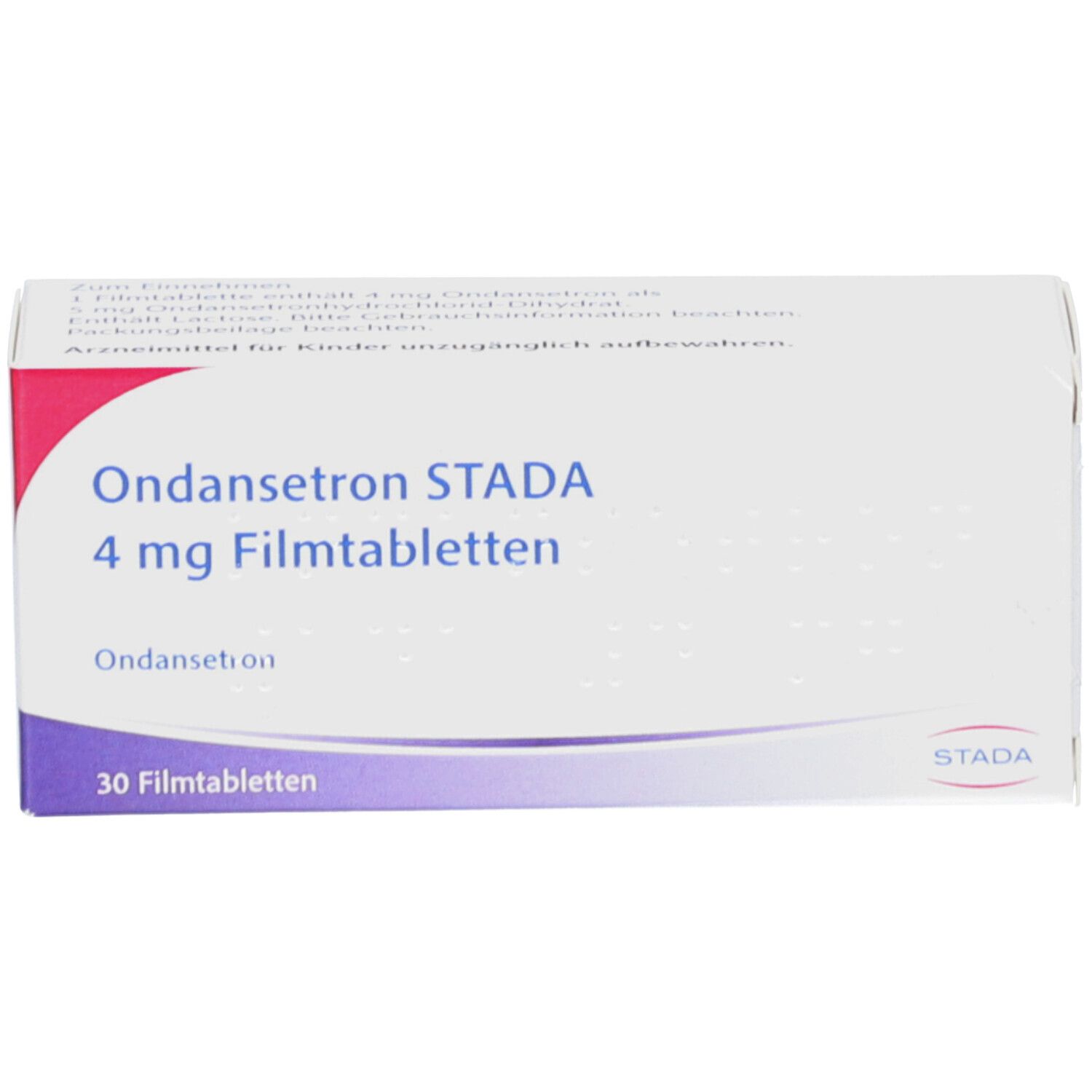Ondansetron STADA 4 mg Filmtabletten-Packung. Weiße Schachtel mit rotem und violettem Akzent. Text: 30 Filmtabletten, STADA.