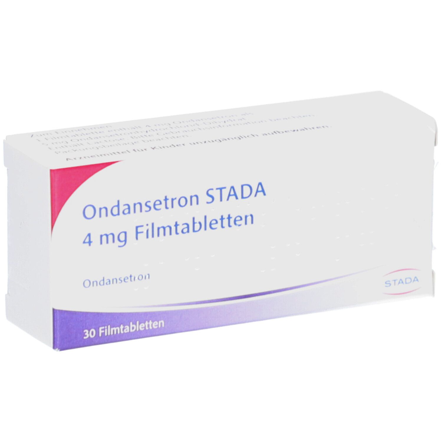 Ondansetron STADA 4 mg Filmtabletten-Packung. Weiße Schachtel mit rotem und violettem Akzent. Seitenansicht.