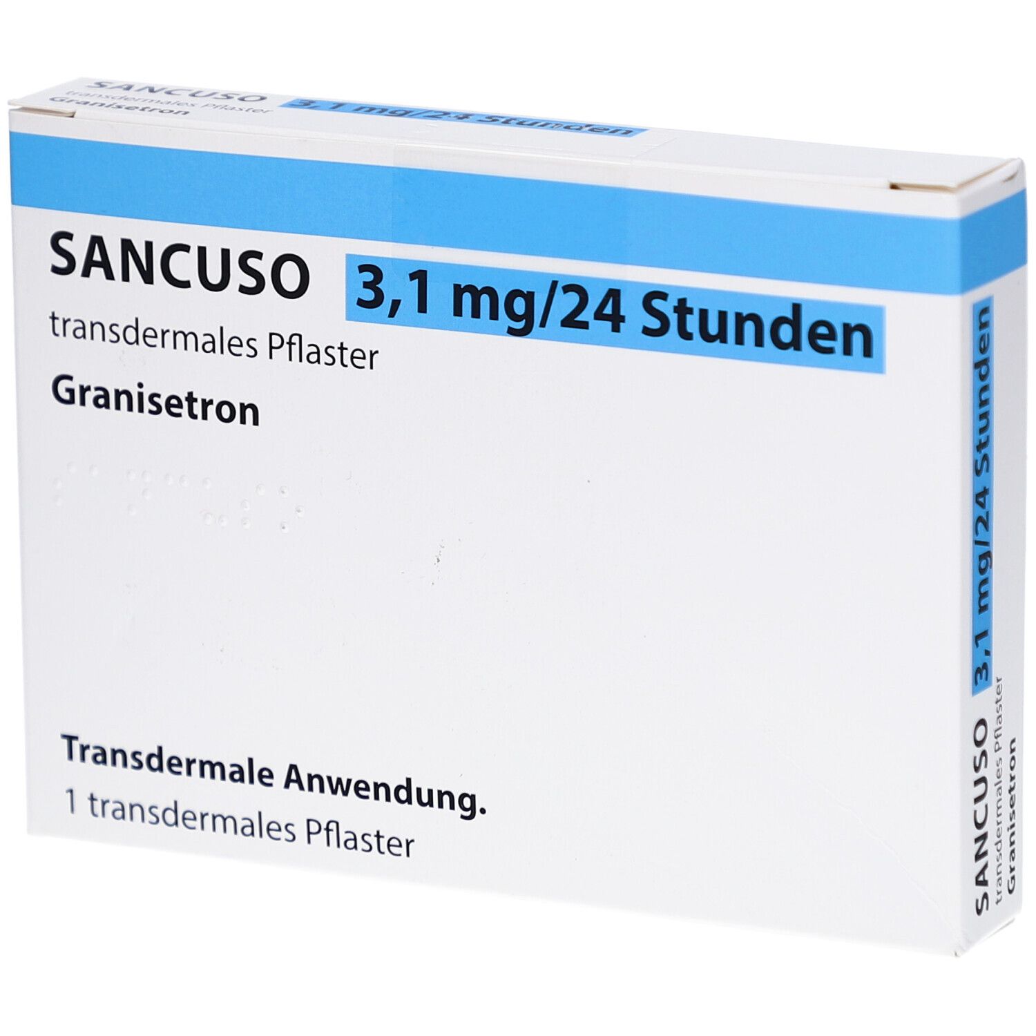 Schachtel SANCUSO 3,1 mg/24 Stunden transdermales Pflaster. Weiß, blau. Text: Granisetron, transdermale Anwendung.