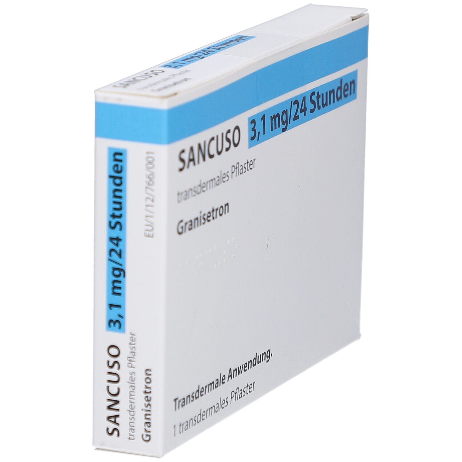 Schachtel SANCUSO 3,1 mg/24 Stunden transdermales Pflaster. Weiß, blau. Text: Granisetron, transdermale Anwendung.