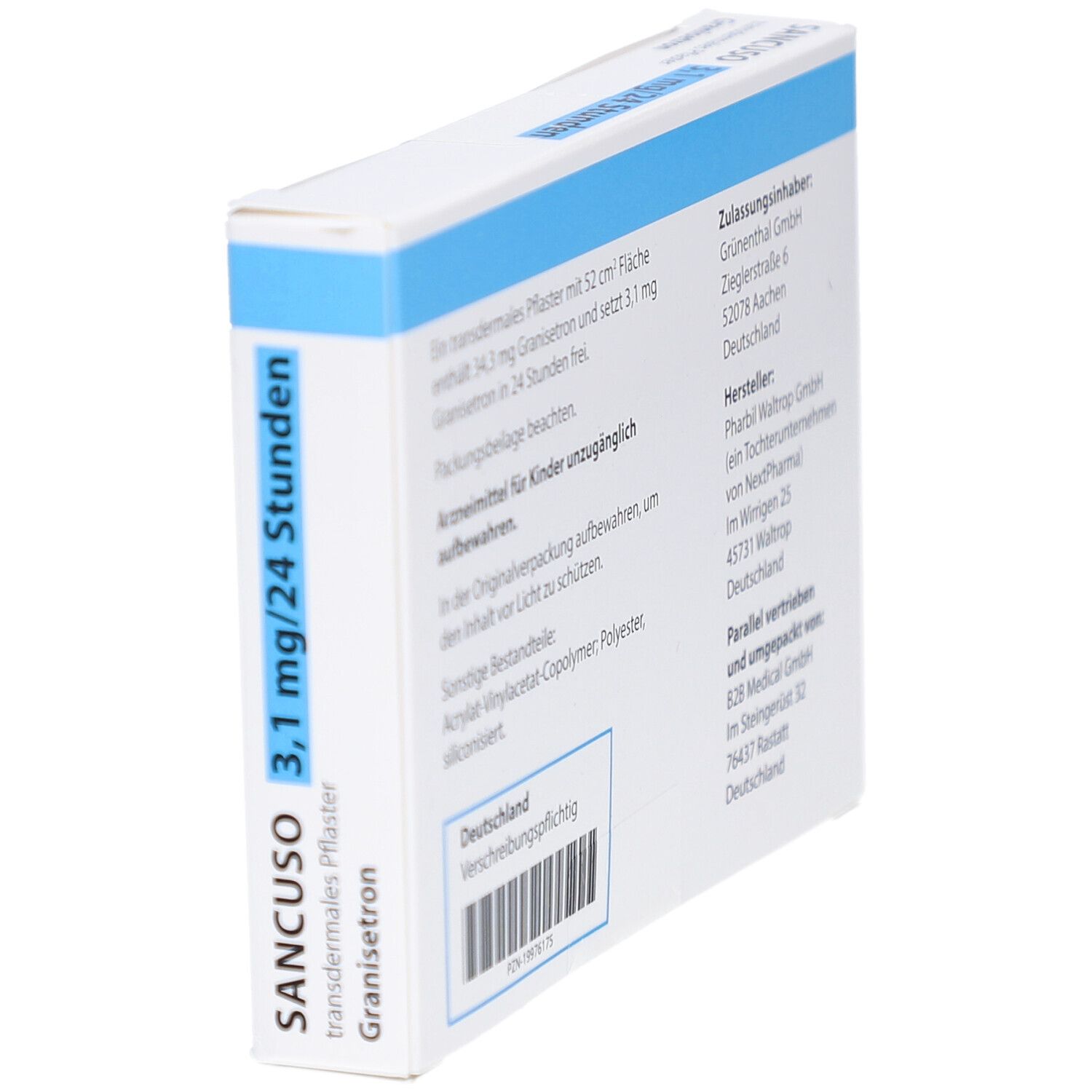 Schachtel SANCUSO 3,1 mg/24 Stunden transdermales Pflaster. Weiß, blau. Text: Granisetron, transdermale Anwendung.