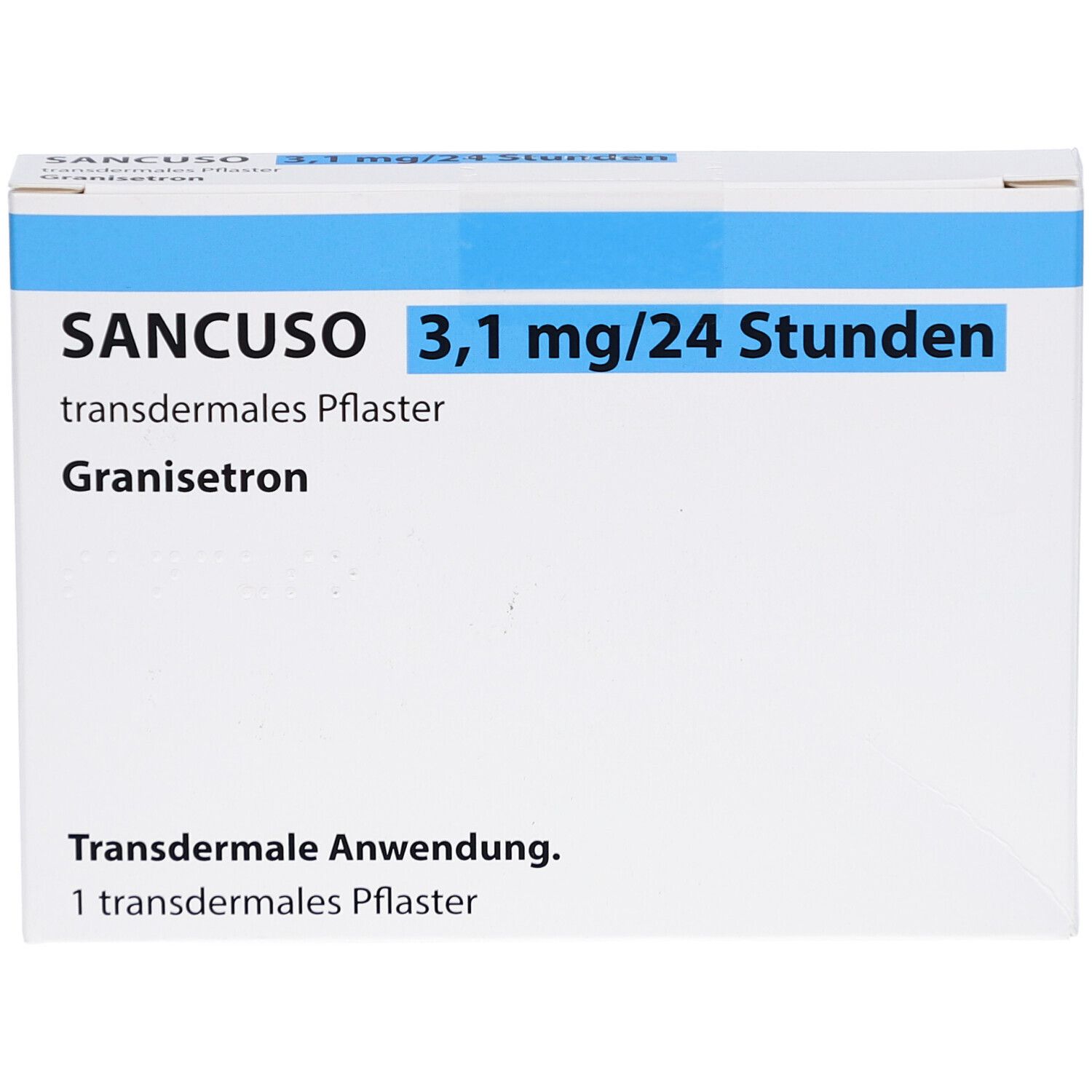 Schachtel SANCUSO 3,1 mg/24 Stunden transdermales Pflaster. Weiß, blau. Text: Granisetron, transdermale Anwendung.