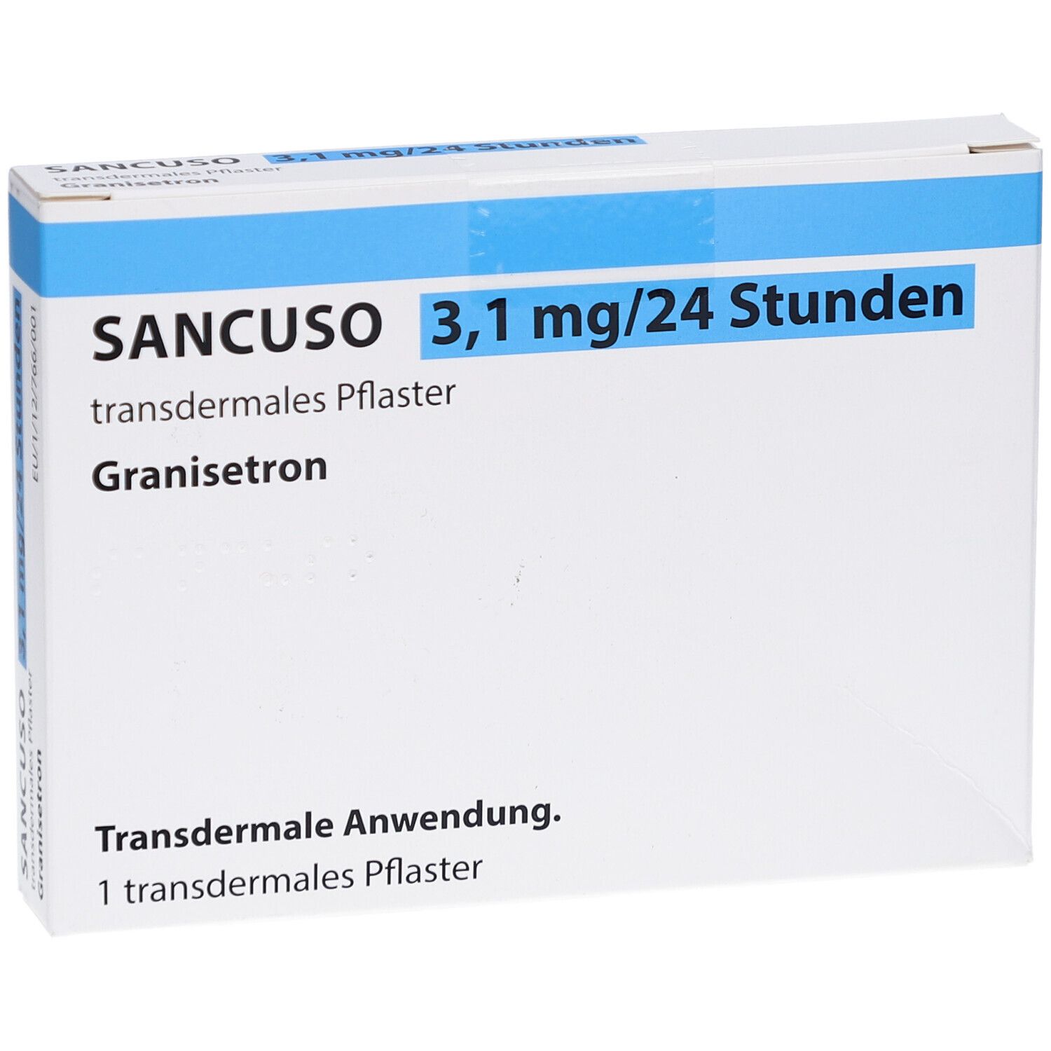 Schachtel SANCUSO 3,1 mg/24 Stunden transdermales Pflaster. Weiß, blau. Text: Granisetron, transdermale Anwendung.