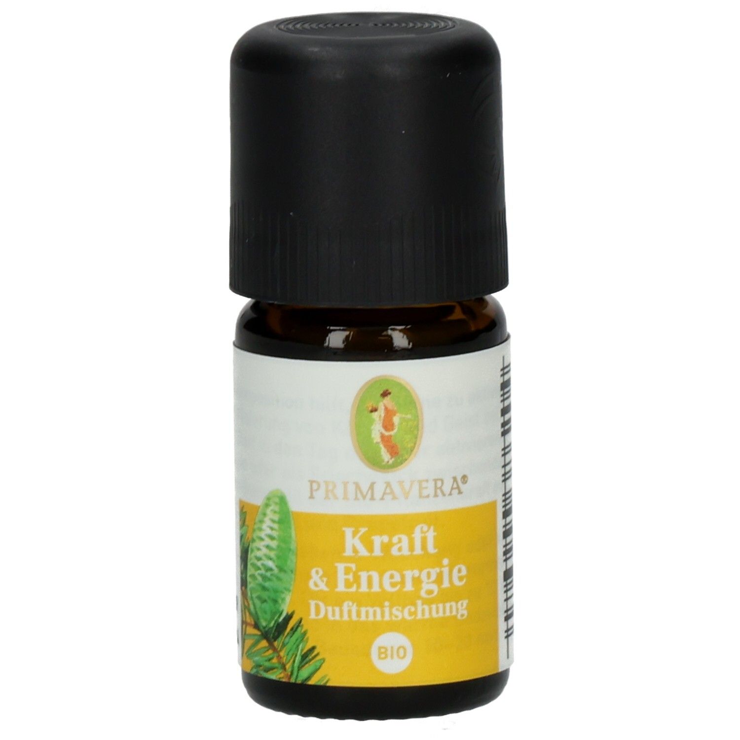 Braune Glasflasche mit schwarzem Deckel. Etikett mit PRIMAVERA, Kraft & Energie Duftmischung bio, und Kiefernzapfen-Illustration.