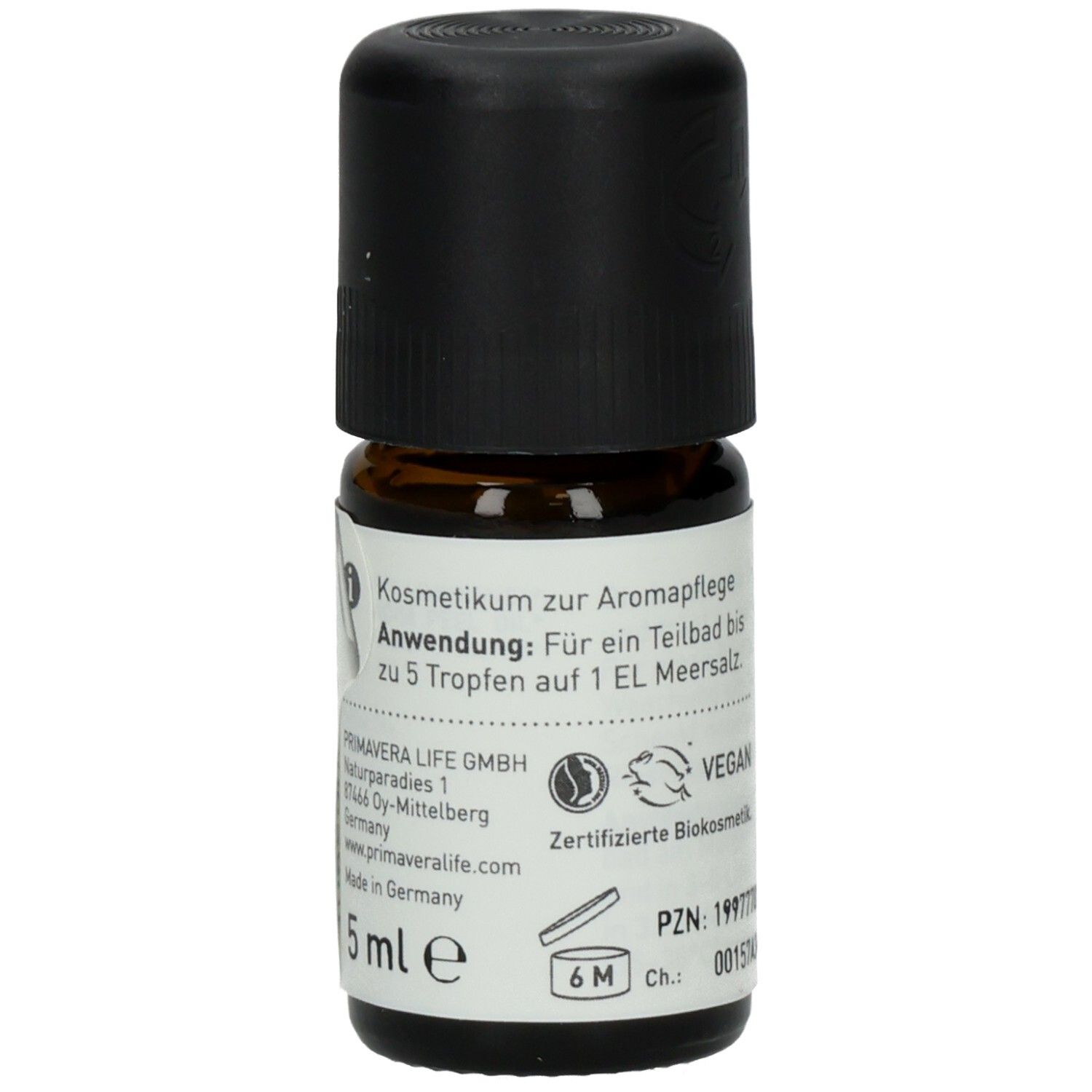 Braune Glasflasche mit schwarzem Deckel. Etikett mit PRIMAVERA, Informationen zur Anwendung und Inhaltsstoffen.