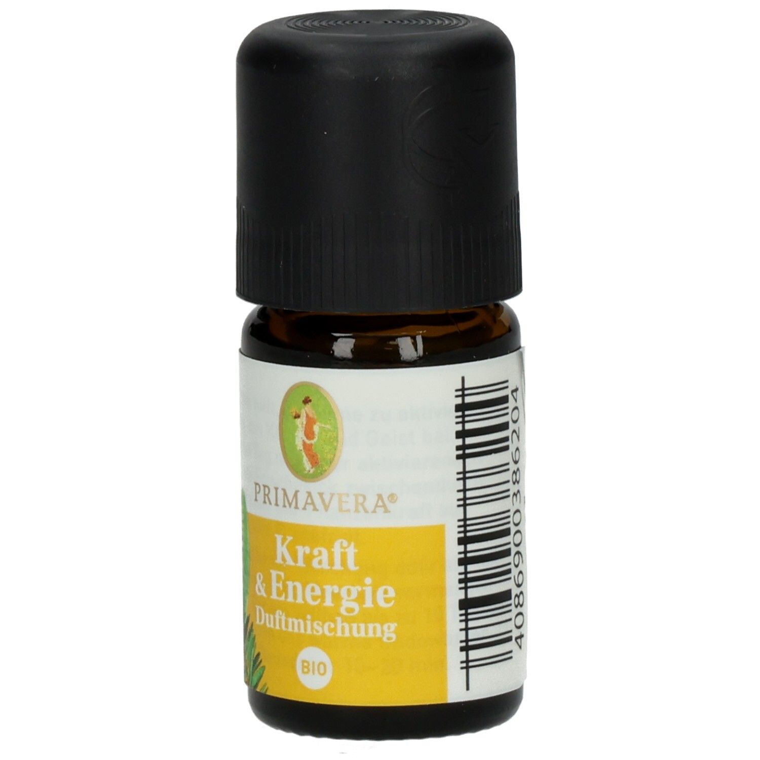 Braune Glasflasche mit schwarzem Deckel. Etikett mit PRIMAVERA, Kraft & Energie Duftmischung bio, und Kiefernzapfen-Illustration.
