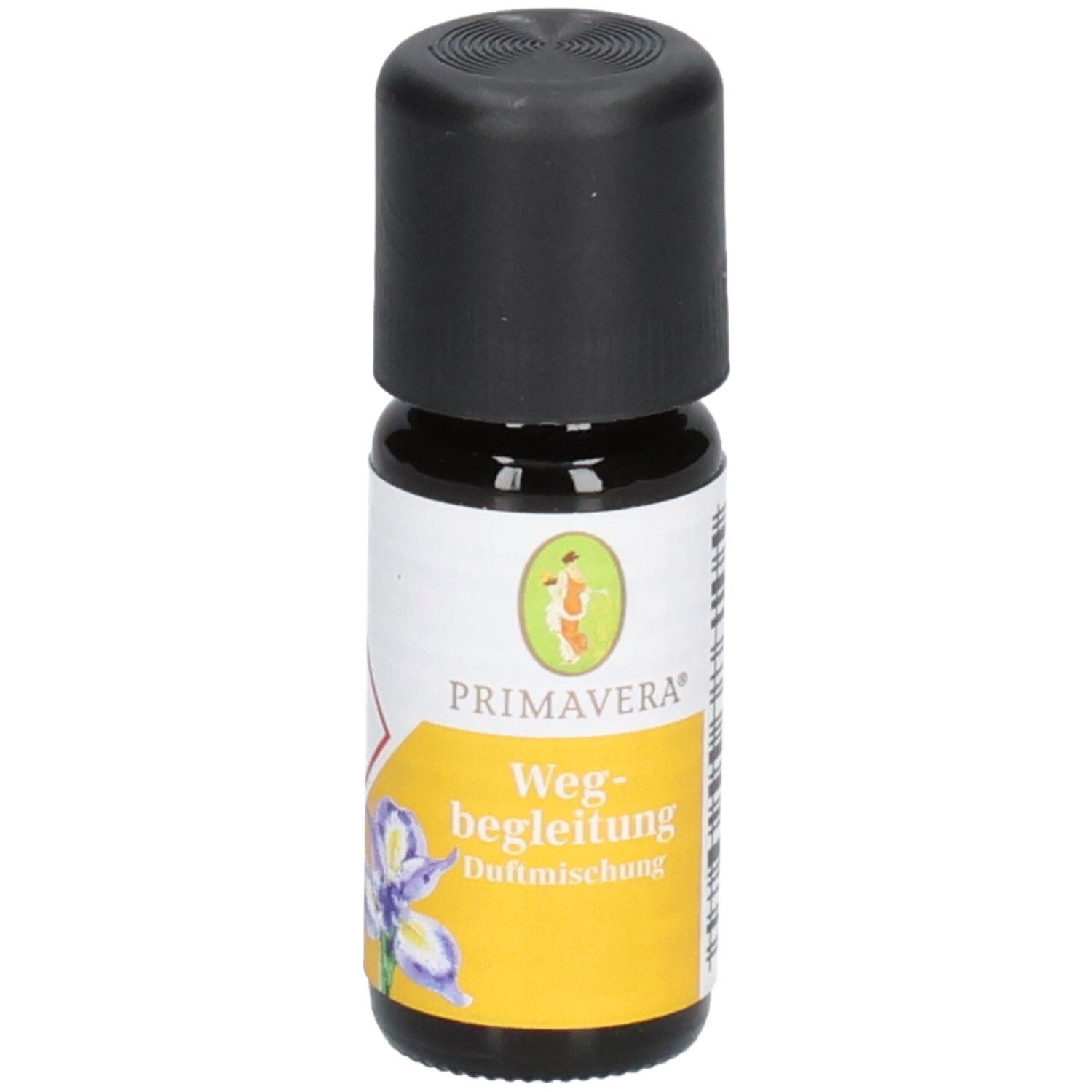 Braune Glasflasche mit schwarzem Deckel. Etikett mit PRIMAVERA, Wegbegleitung Duftmischung und Blüte.