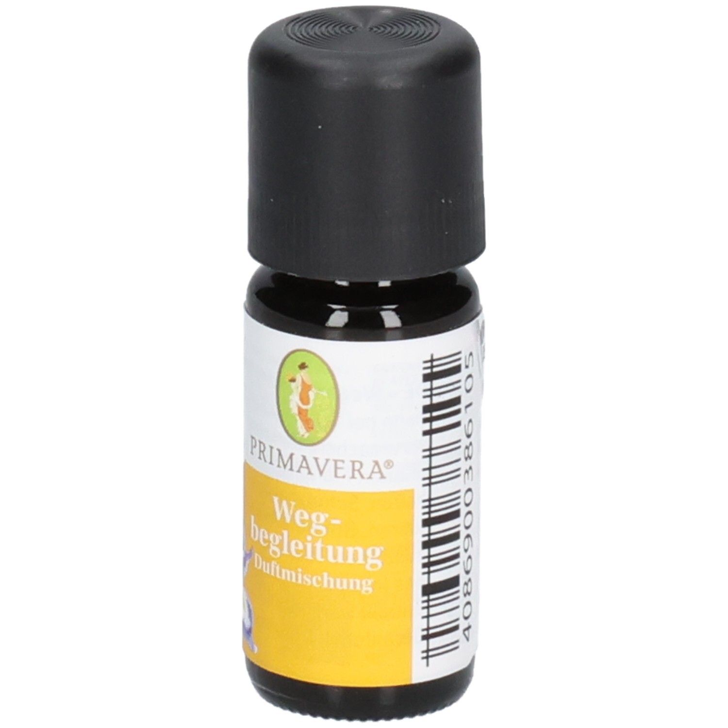 Braune Glasflasche mit schwarzem Deckel. Etikett mit PRIMAVERA, Wegbegleitung Duftmischung und Barcode.