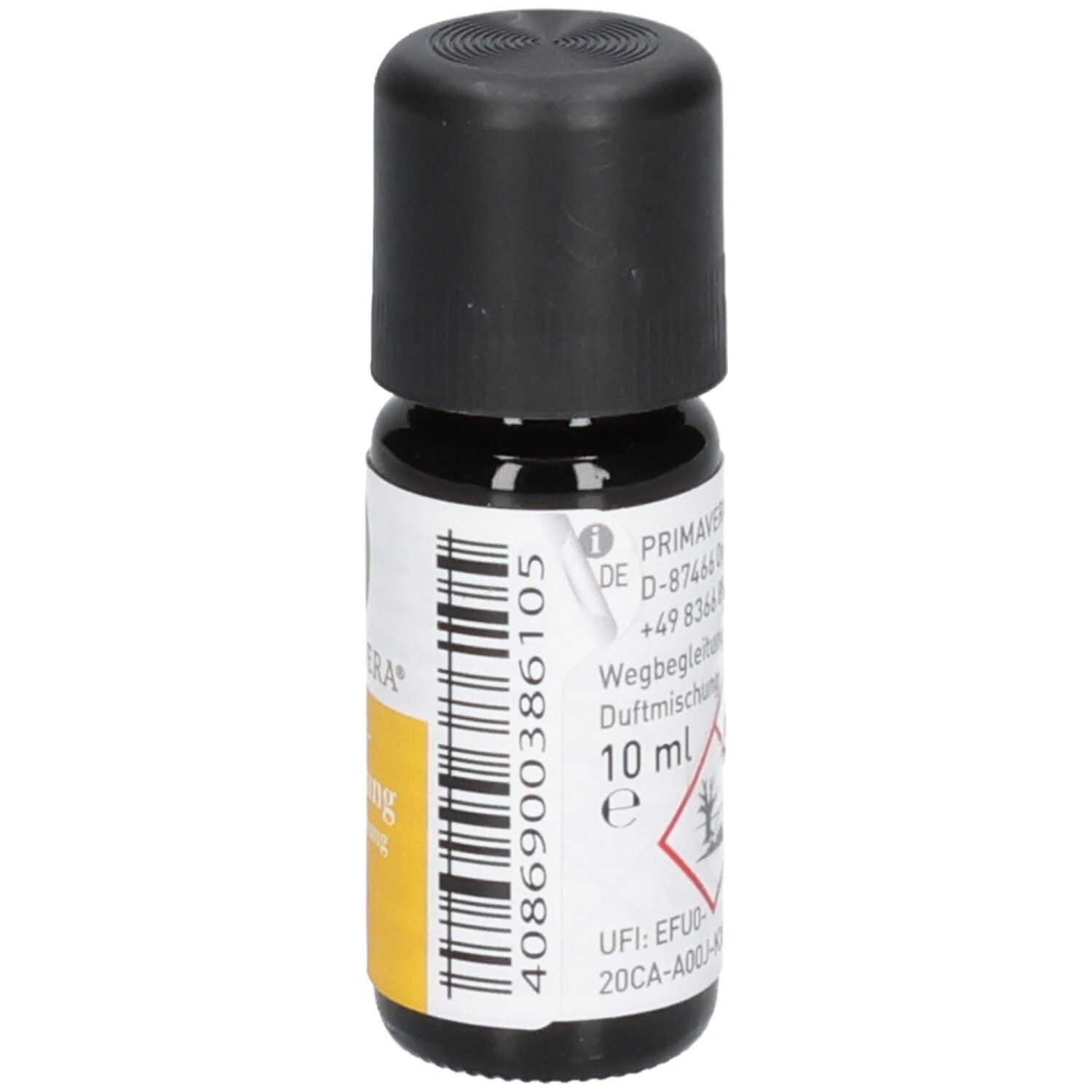 Braune Glasflasche mit schwarzem Deckel. Etikett mit PRIMAVERA, Wegbegleitung Duftmischung, 10 ml und Barcode.