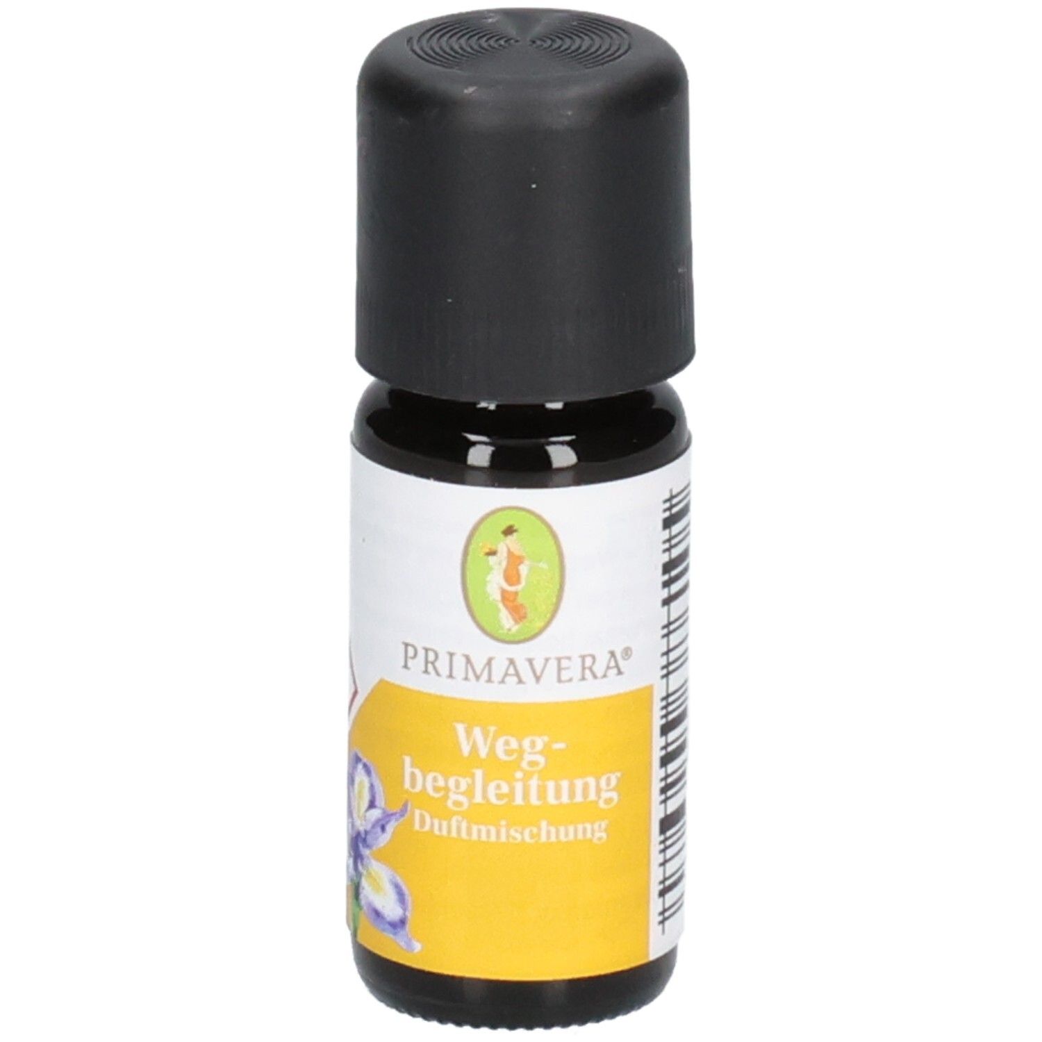 Braune Glasflasche mit schwarzem Deckel. Etikett mit PRIMAVERA, Wegbegleitung Duftmischung und Blüte.