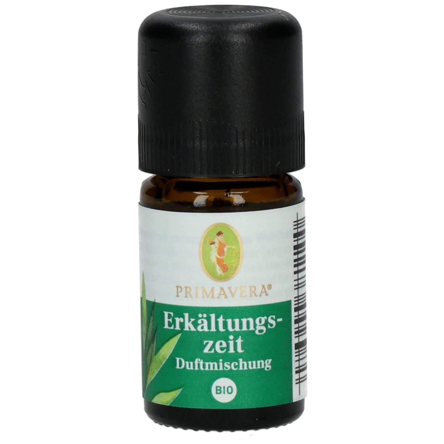 Braune Glasflasche mit schwarzem Deckel. Etikett mit Produktname, Logo und BIO-Siegel. PRIMAVERA.