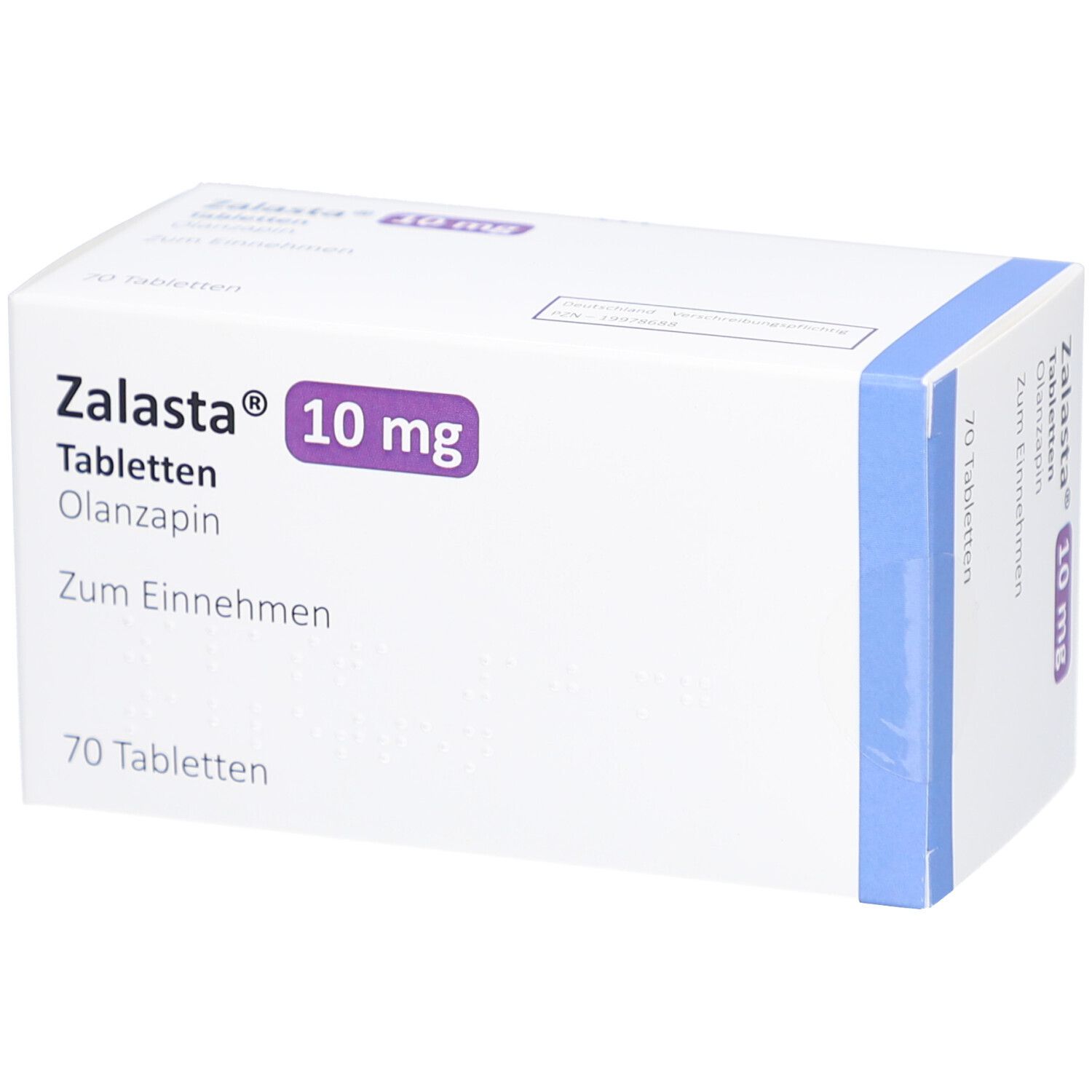Zalasta 10 mg Tabletten-Packung. 70 Tabletten. Olanzapin. Zum Einnehmen. Weiße Schachtel mit lila und blauen Akzenten.