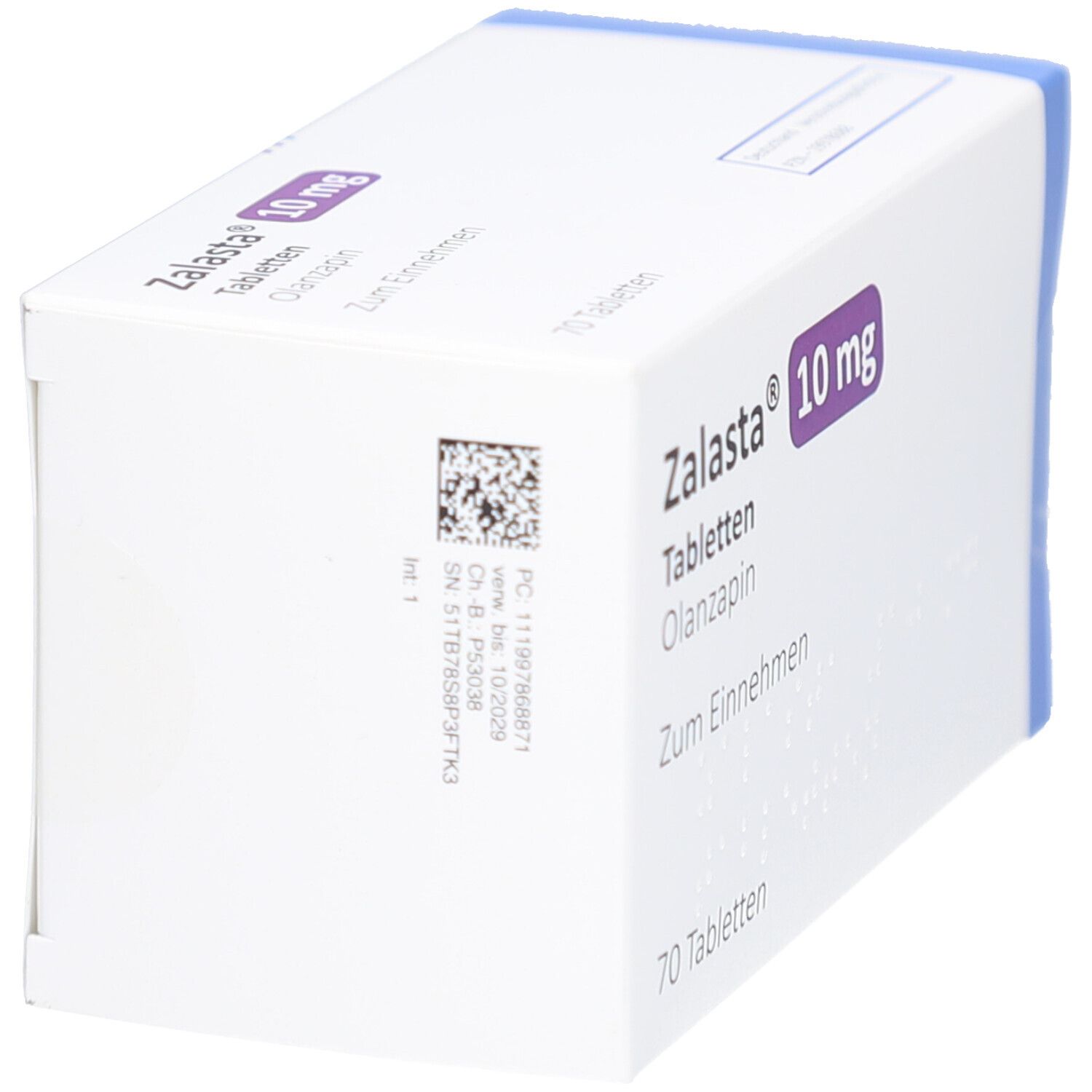 Zalasta 10 mg Tabletten-Packung. Weiße Schachtel mit lila und blauen Akzenten. Barcode und Text auf der Seite.