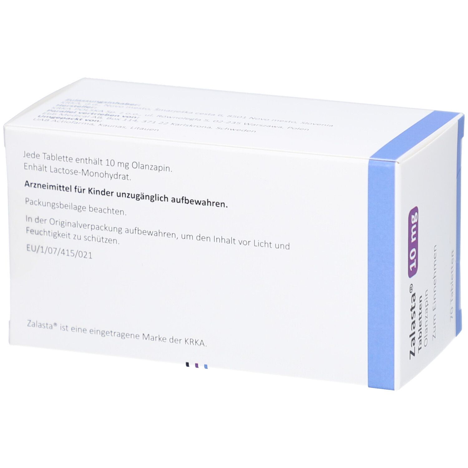 Rückseite der Zalasta 10 mg Tabletten-Packung. Text über Inhaltsstoffe und Warnhinweise. Weiße Schachtel mit blauen Akzenten.