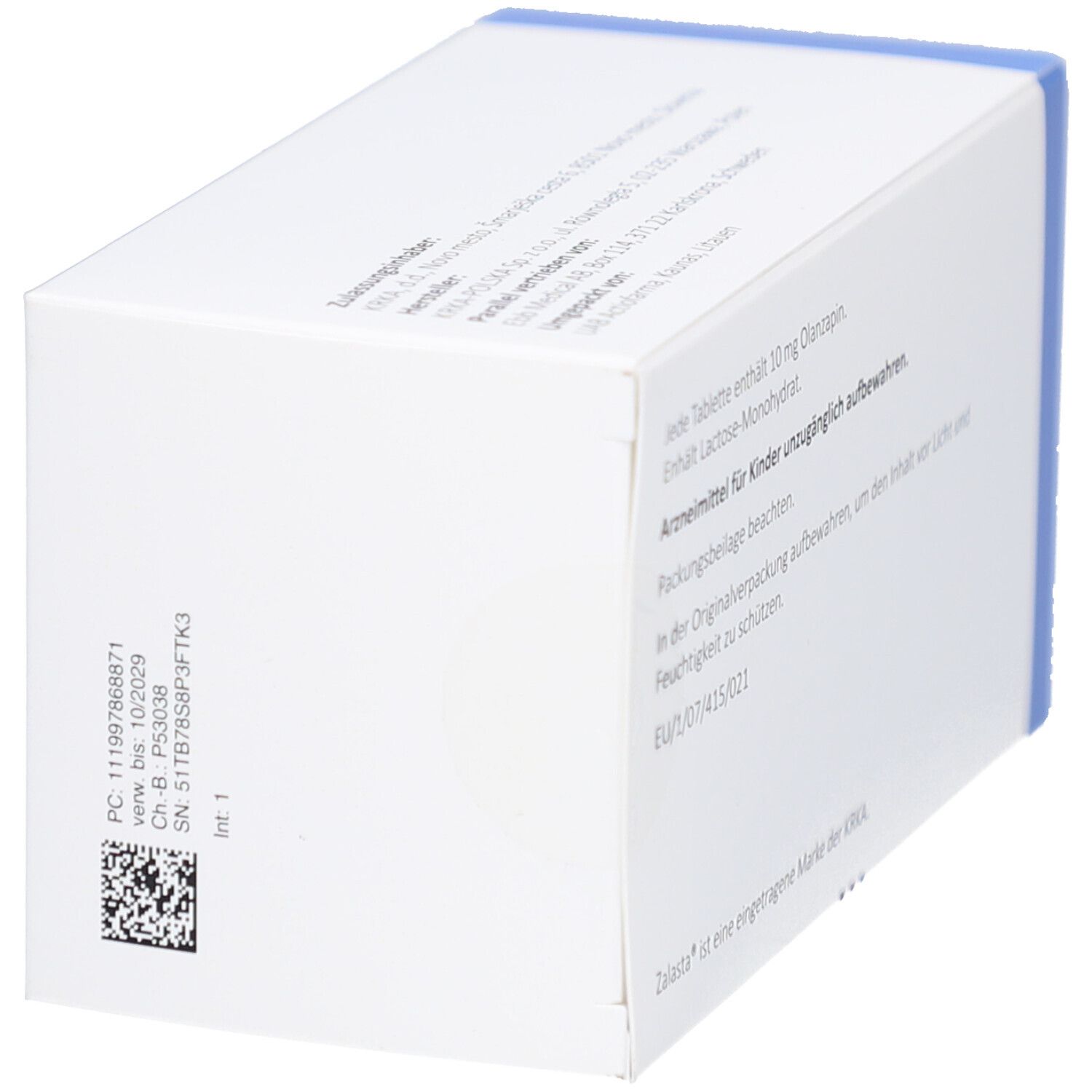 Zalasta 10 mg Tabletten-Packung. Weiße Schachtel mit blauen Akzenten. Barcode und Text auf der Seite.