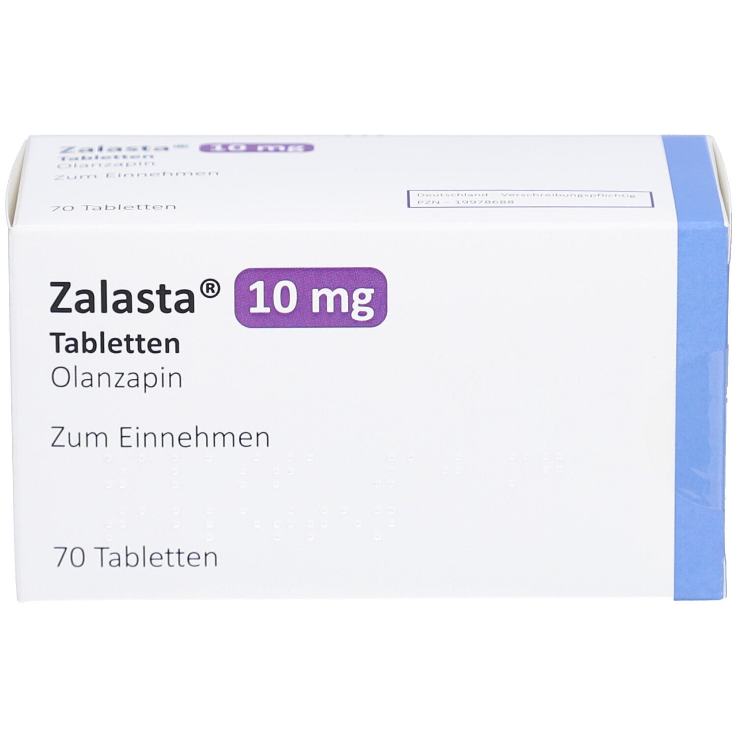 Zalasta 10 mg Tabletten-Packung. 70 Tabletten. Olanzapin. Zum Einnehmen. Weiße Schachtel mit lila und blauen Akzenten.