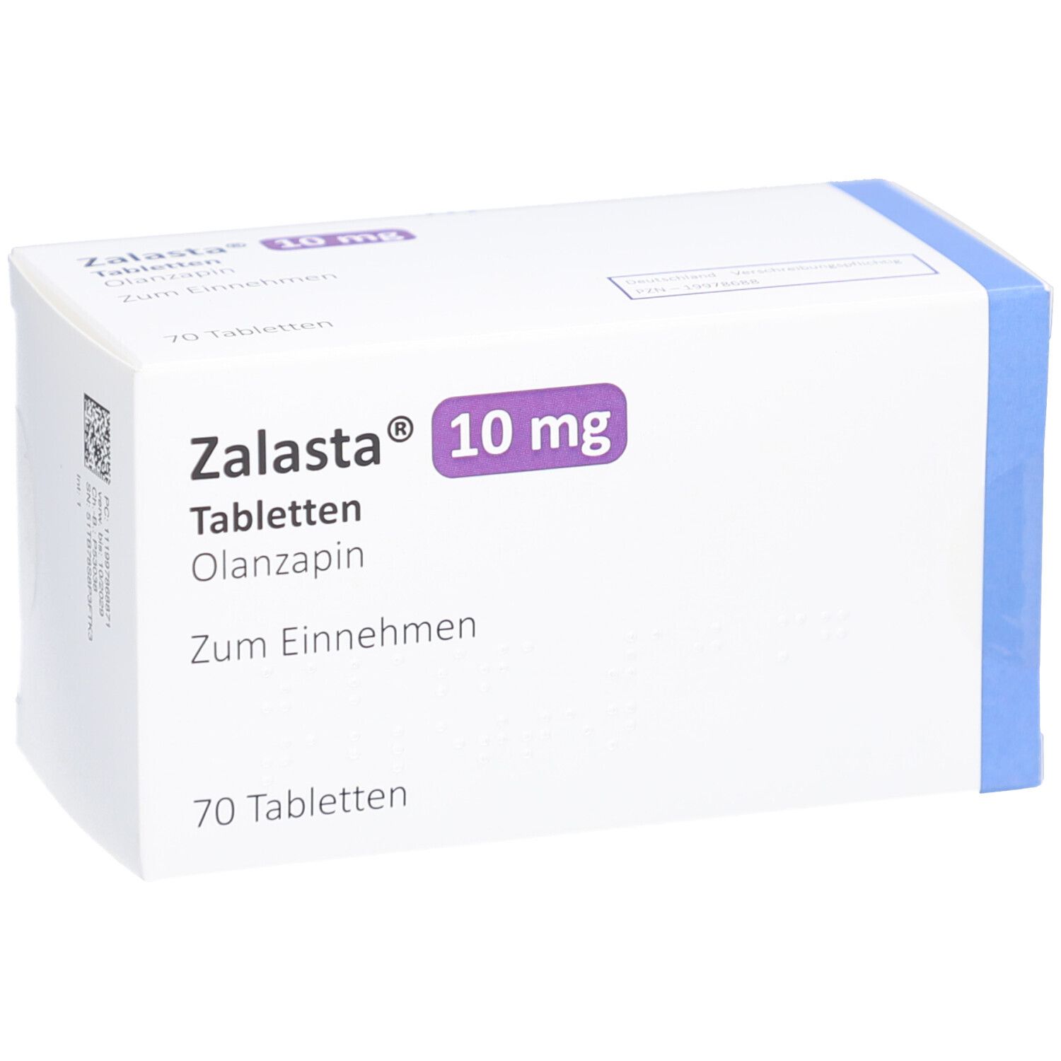 Zalasta 10 mg Tabletten-Packung. 70 Tabletten. Olanzapin. Zum Einnehmen. Weiße Schachtel mit lila und blauen Akzenten.