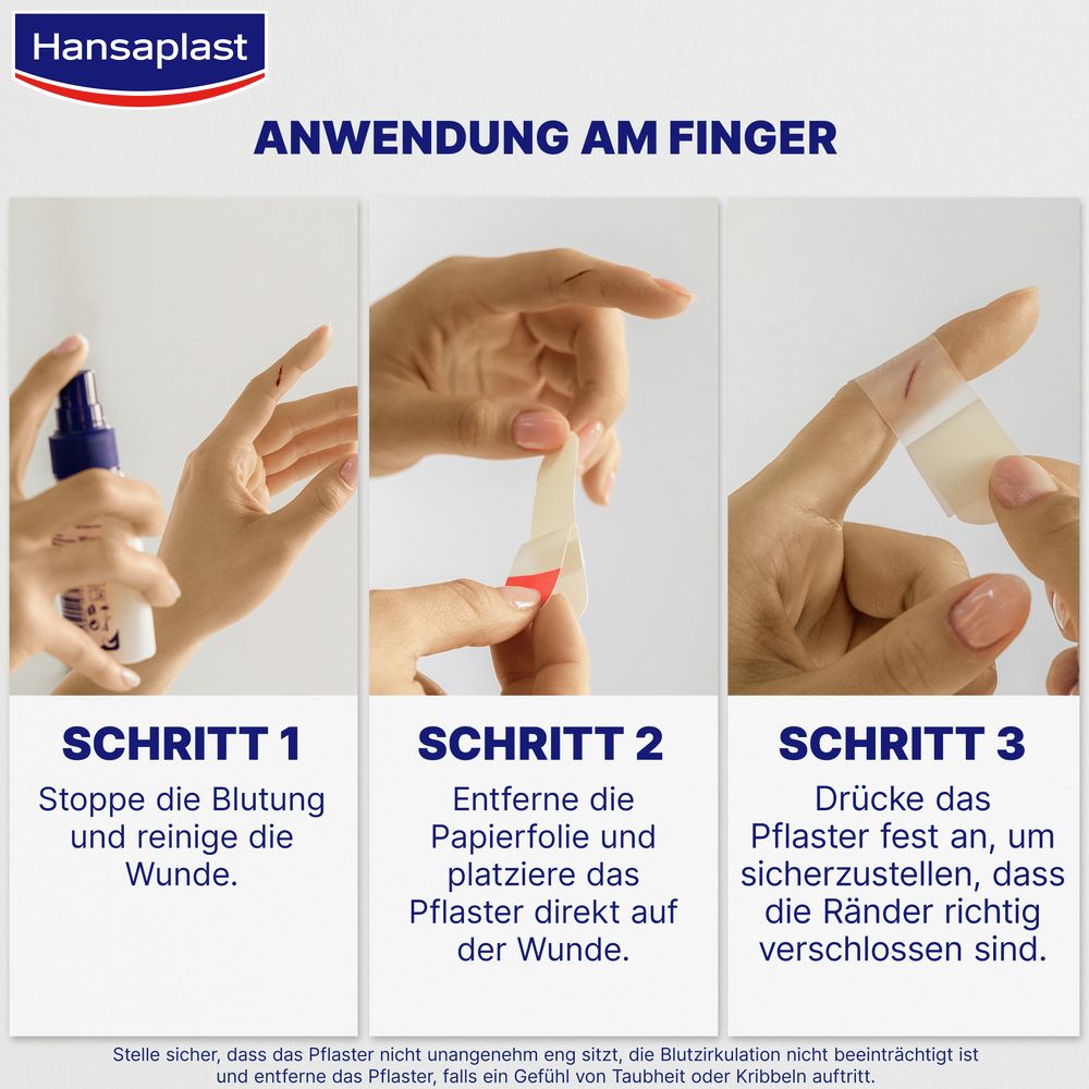 Anwendung am Finger. 1. Blutung stoppen. 2. Folie entfernen. 3. Pflaster andrücken. Hansaplast.