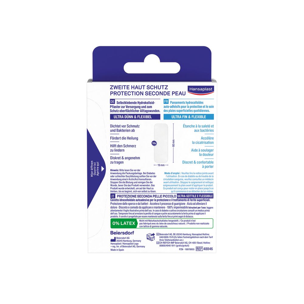 Rückseite der Schachtel.  Hansaplast Hydrokolloid-Pflaster.  Text in Deutsch und Französisch.  Maße.