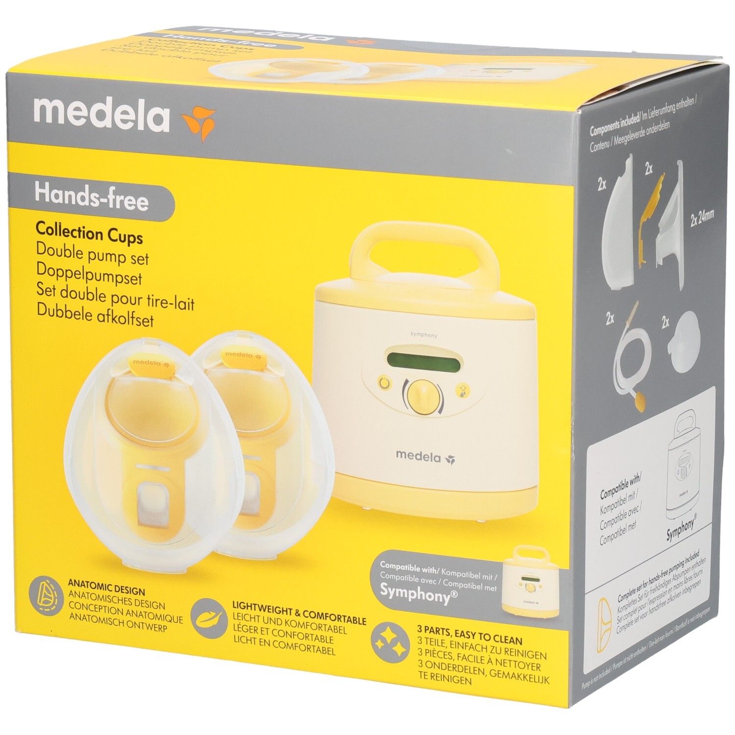 Medela Hands-Free Set Kollektion Tassen. Gelbe und weiße Verpackung. Enthält Doppelpumpenset und Zubehör. Mit Medela-Logo.