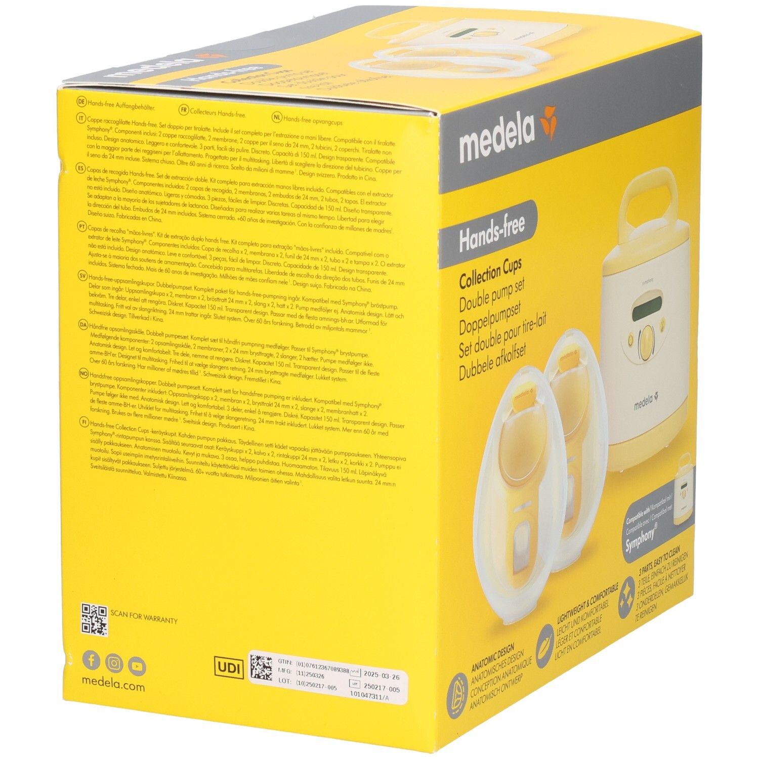 Medela Hands-Free Set Kollektion Tassen. Verpackung mit Text in verschiedenen Sprachen. Enthält Doppelpumpenset. Medela-Logo.