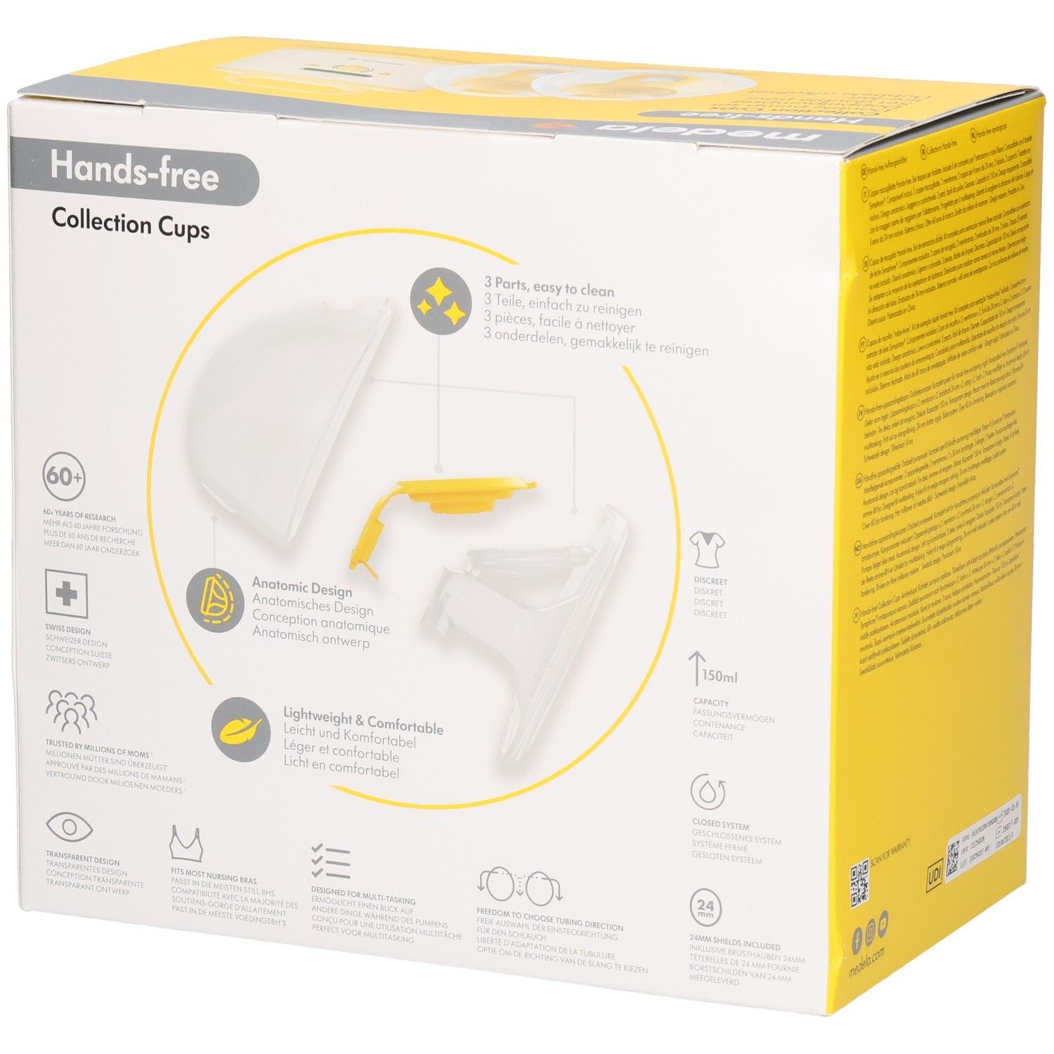 Medela Hands-Free Collection Cups. Rückseite der Verpackung. Einzelteile des Sets abgebildet. Anatomisches Design, leicht und komfortabel.