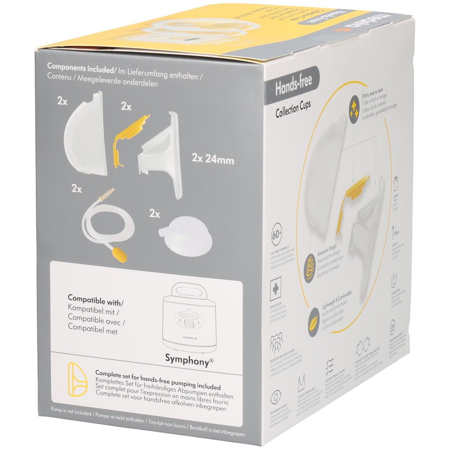 Medela Hands-Free Collection Cups. Verpackung mit Komponenten. Enthält 2x 24mm Brusthauben, Schläuche und weitere Teile. 