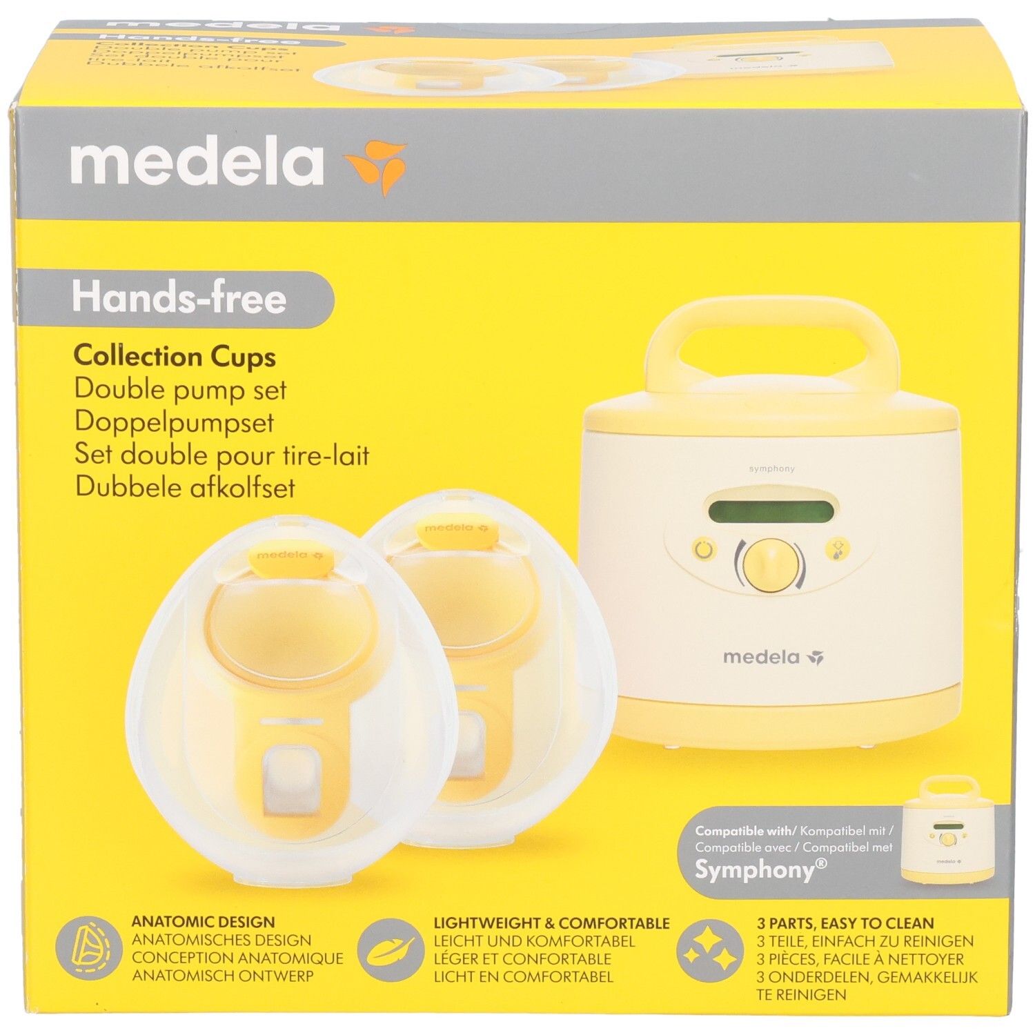 Medela Hands-Free Set Kollektion Tassen. Gelbe und weiße Verpackung. Enthält Doppelpumpenset und Zubehör. Medela-Logo.