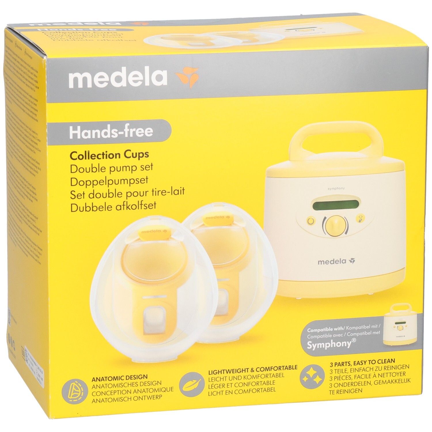 Medela Hands-Free Set Kollektion Tassen. Gelbe und weiße Verpackung. Enthält Doppelpumpenset und Zubehör. Medela-Logo.