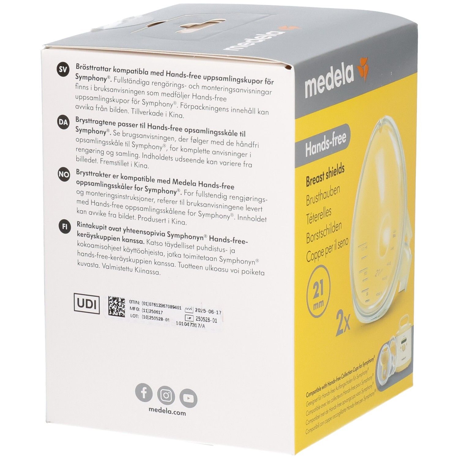 Rückseite der Medela Hands-free Brusthauben 21 mm Verpackung mit mehrsprachigen Informationen.