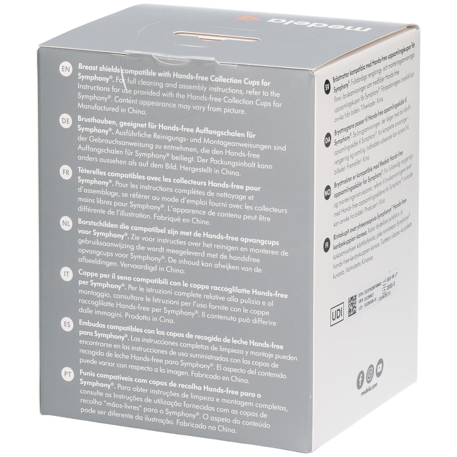 Seitenansicht der Medela Hands-free Brusthauben 21 mm Verpackung mit mehrsprachigen Hinweisen.