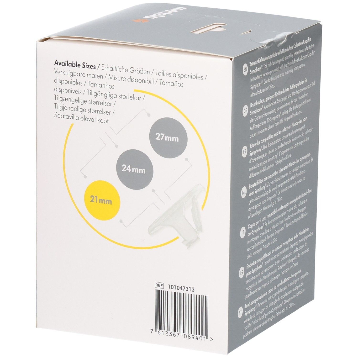 Medela Hands-free Brusthauben Größenübersicht: 21 mm, 24 mm, 27 mm. Detailansicht eines Schildes.