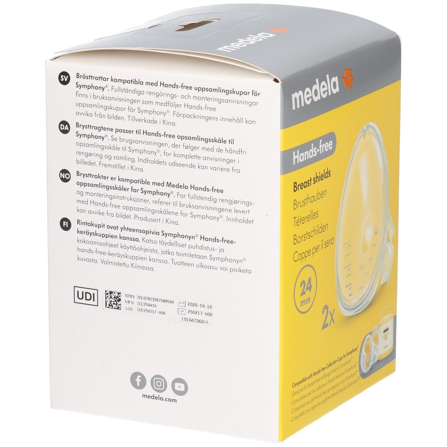 Rückseite der Medela Hands-free Brustschilde Verpackung mit mehrsprachigen Informationen.