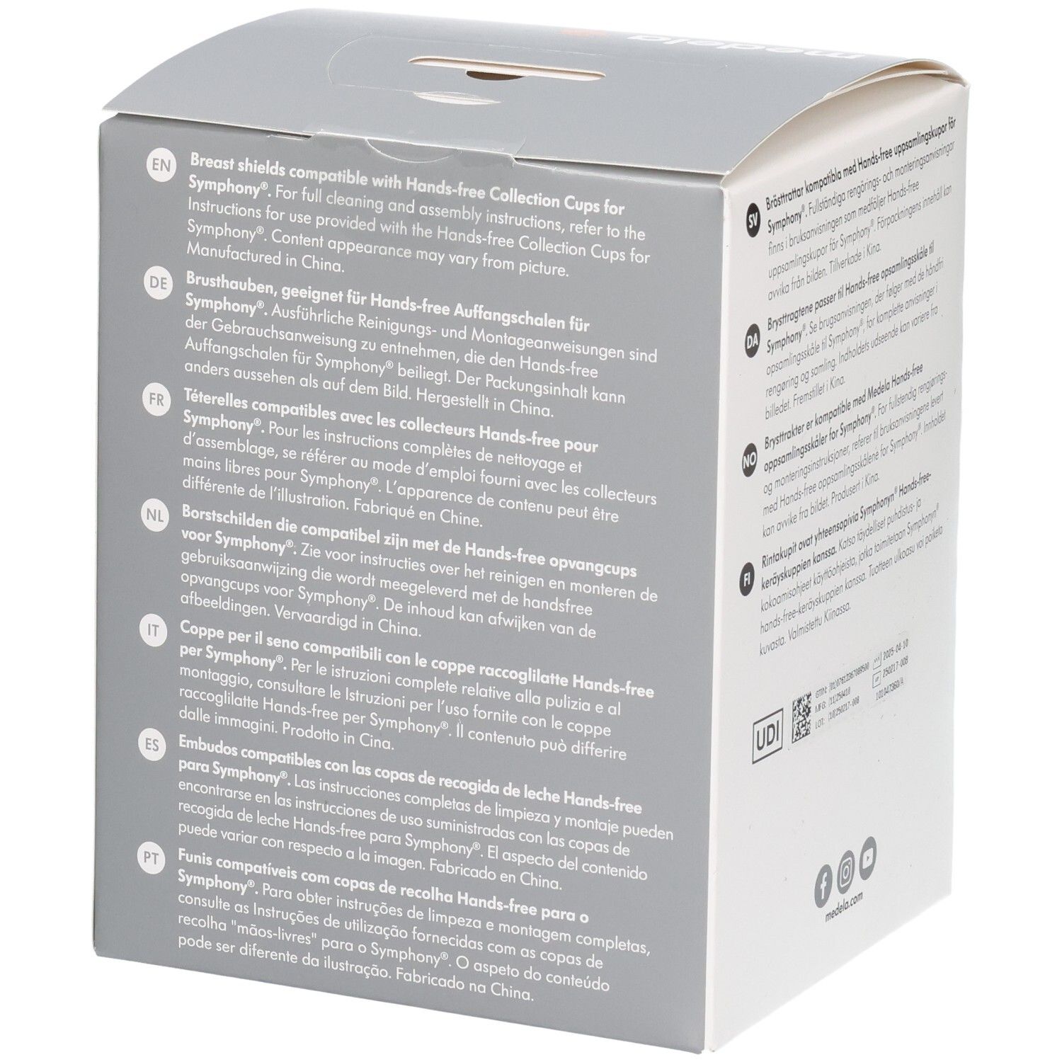 Seitenansicht der Medela Hands-free Brustschilde Verpackung mit Hinweisen in mehreren Sprachen.