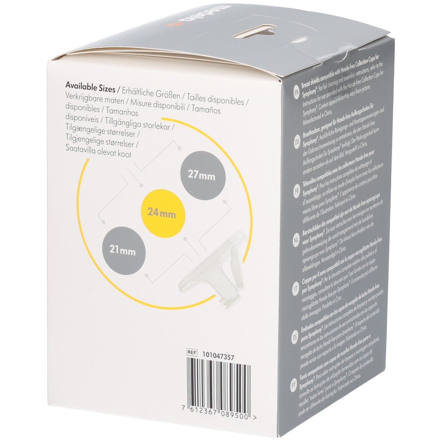 Medela Hands-free Brustschilde Verpackung mit Größenangaben: 21 mm, 24 mm, 27 mm.