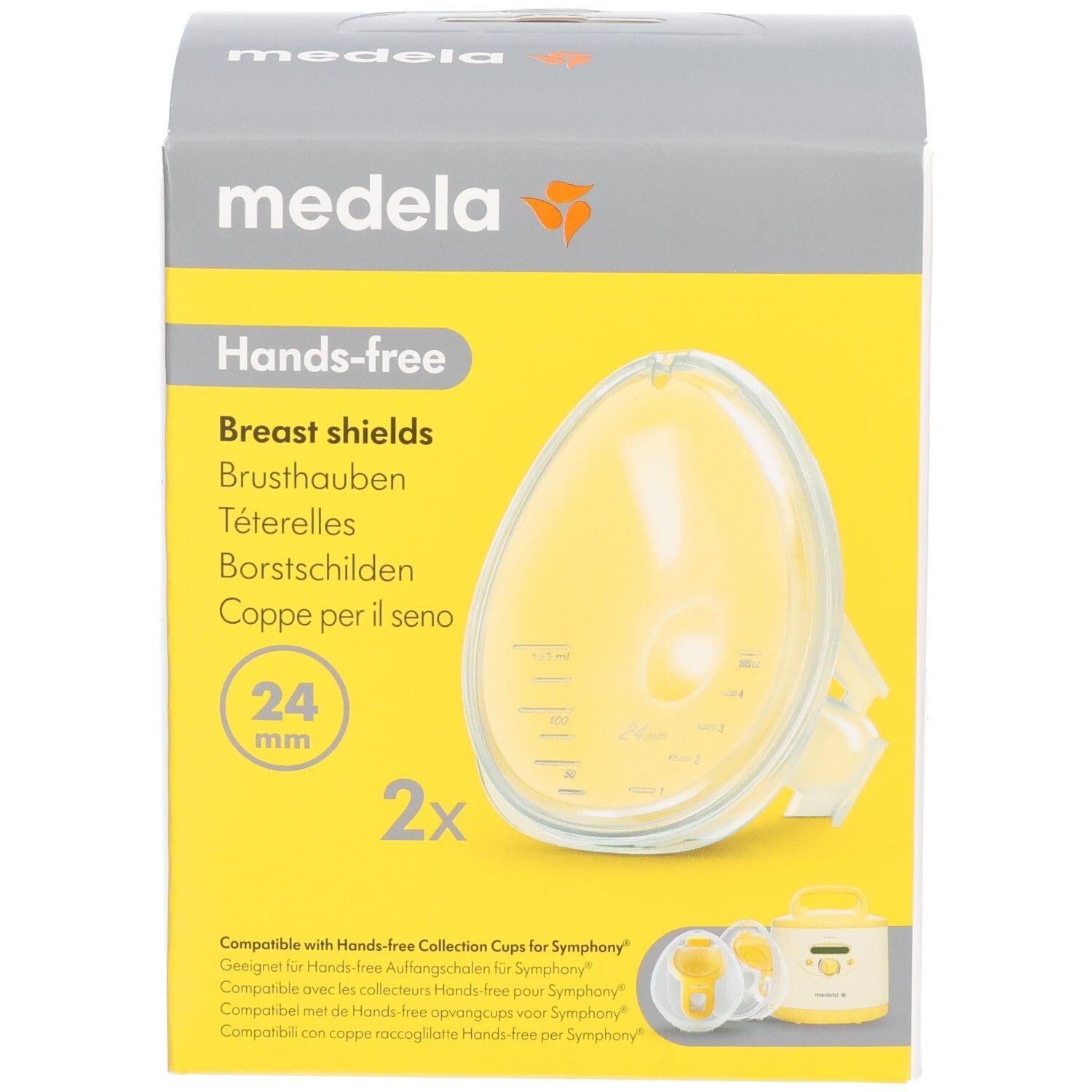 Vorderseite der Medela Hands-free Brustschilde Verpackung, 24 mm, 2 Stück.