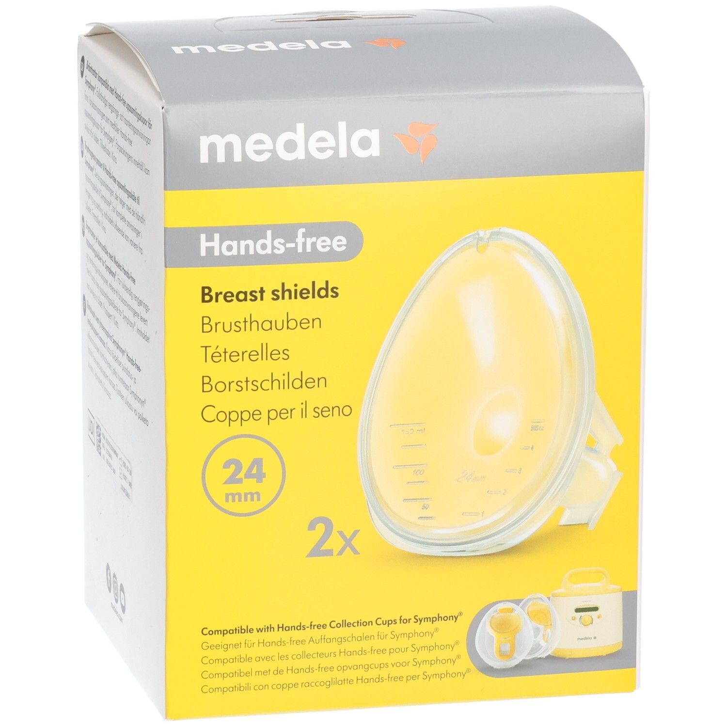 Medela Hands-free Brustschilde Verpackung mit Detailansicht der Kollektionsbecher.