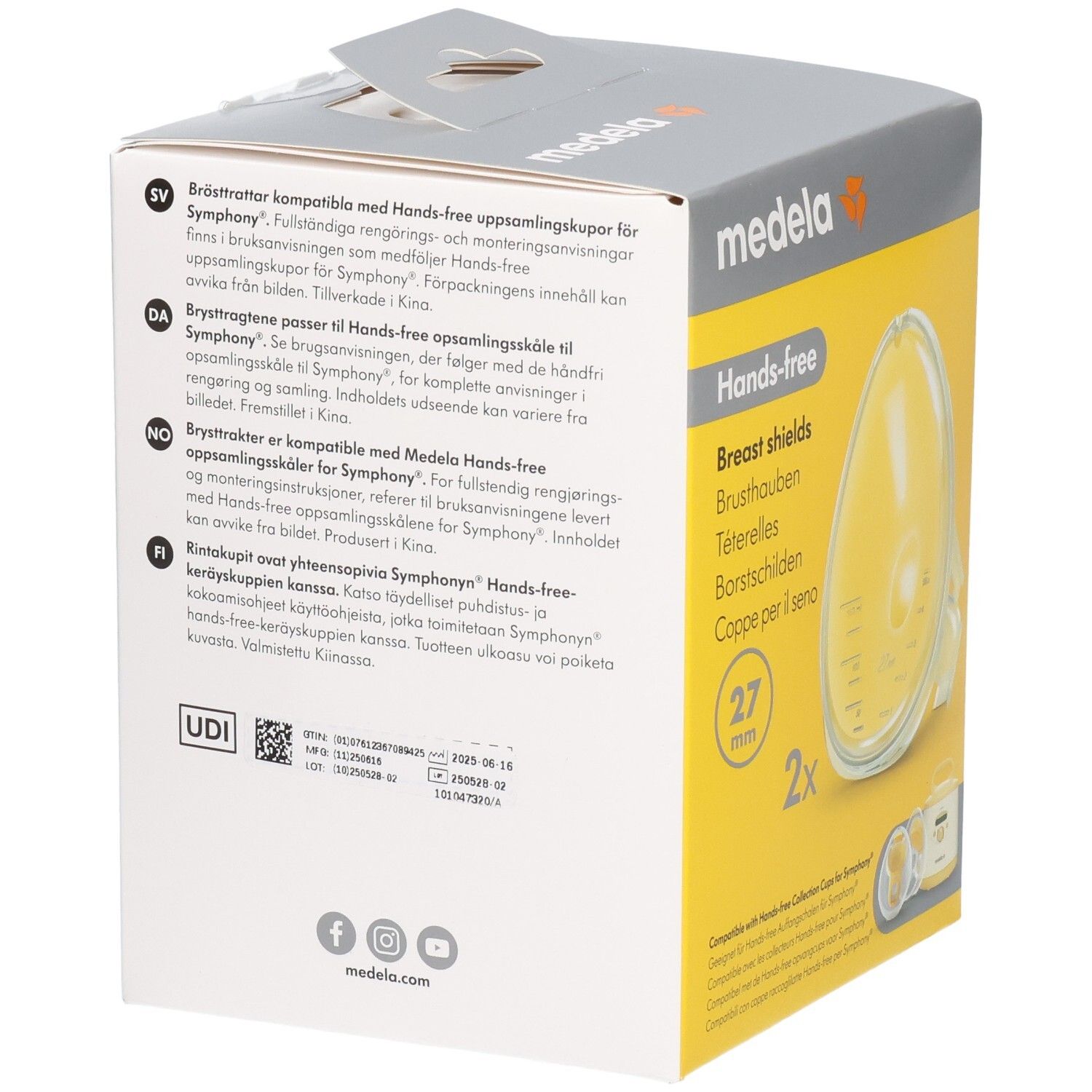 Rückseite der Medela Hands-free Brustschilde Verpackung mit mehrsprachigen Informationen.