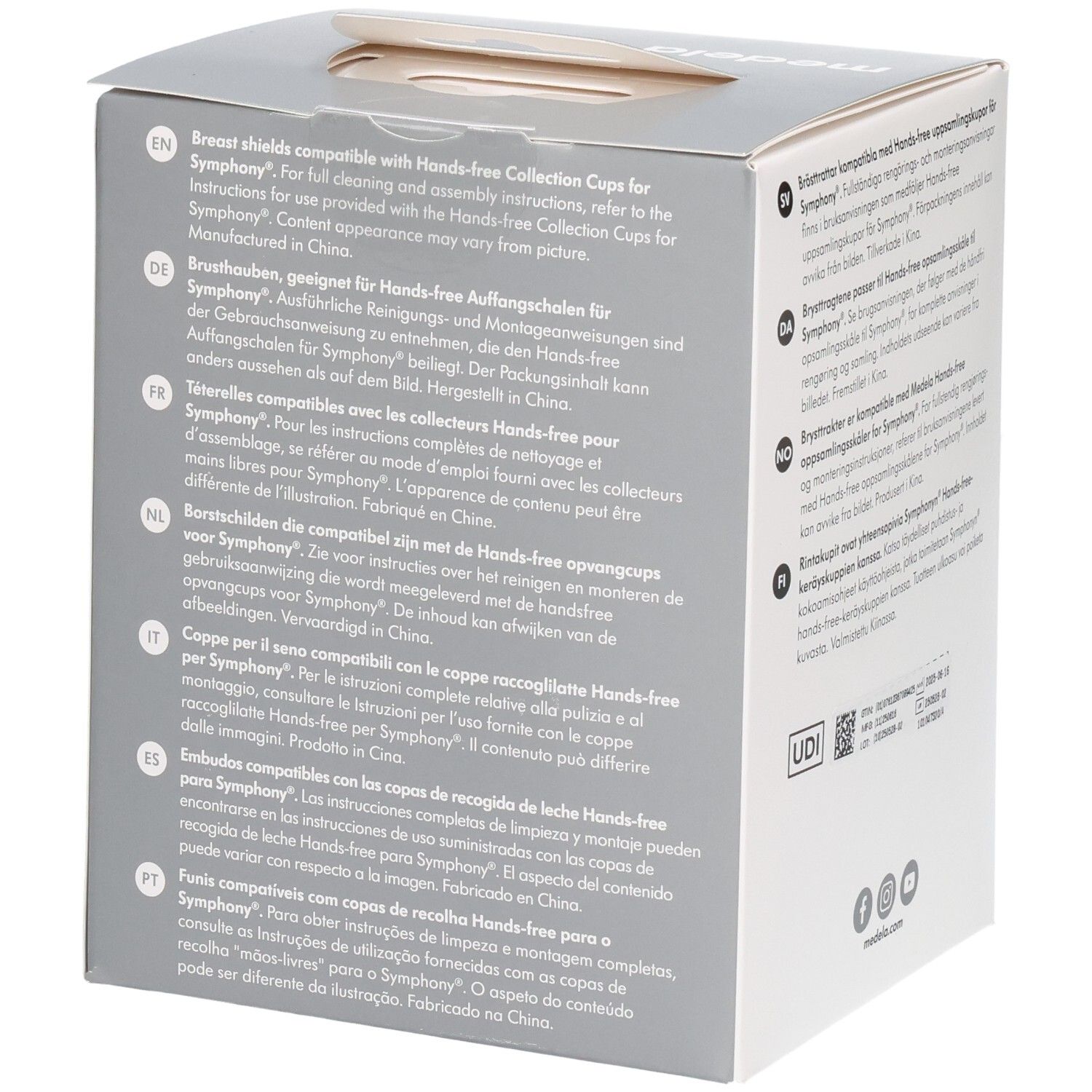Seitenansicht der Medela Hands-free Brustschilde Verpackung mit Anleitungs- und Kompatibilitätsinformationen.