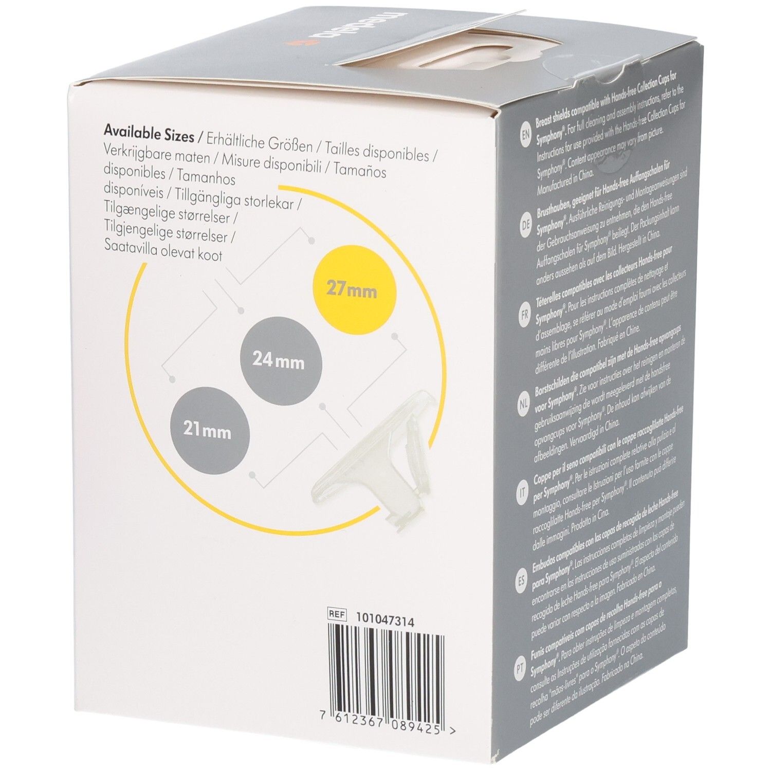 Detailansicht der Medela Hands-free Brustschilde Verpackung mit Größenangaben (21, 24, 27 mm).
