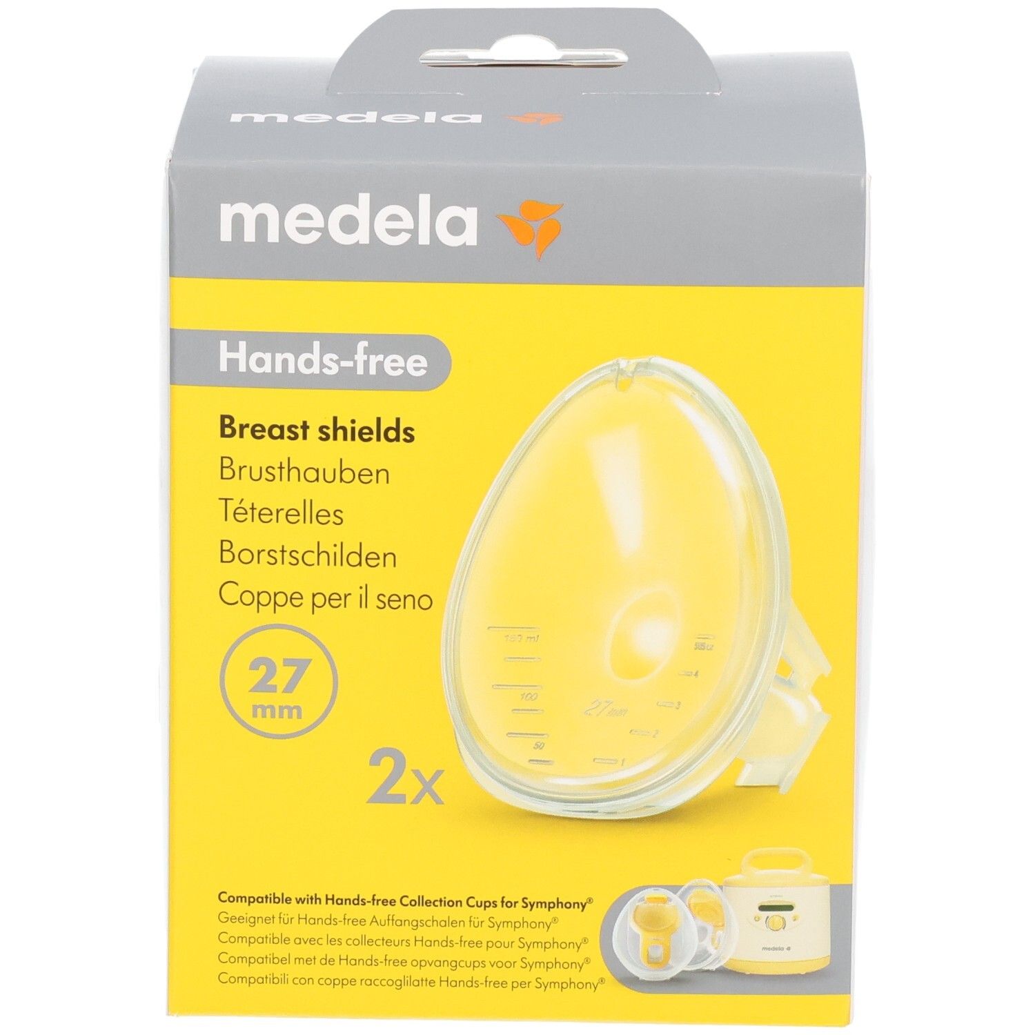 Vorderseite der Medela Hands-free Brustschilde Verpackung, 27 mm, 2 Stück.