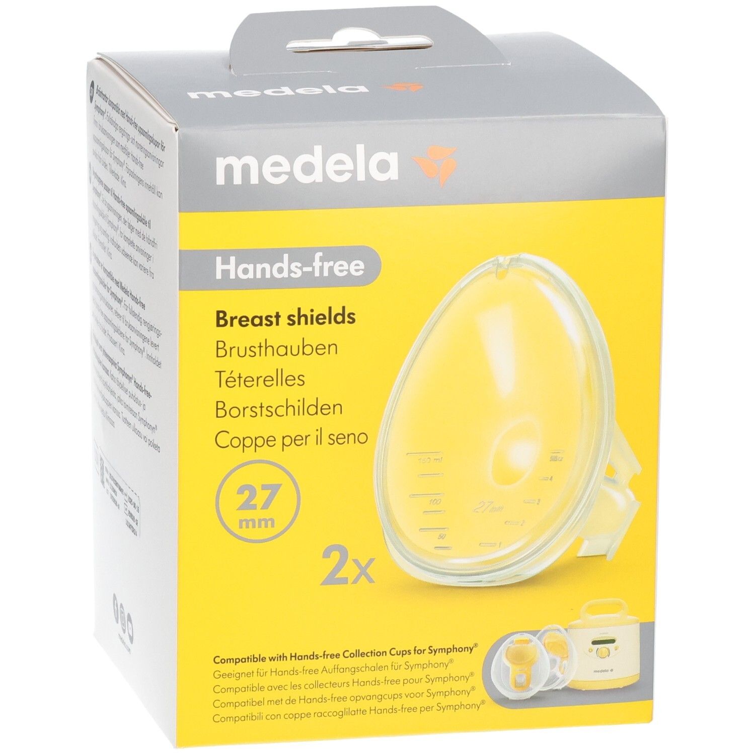 Vorderseite der Medela Hands-free Brustschilde Verpackung, 27 mm, 2 Stück.