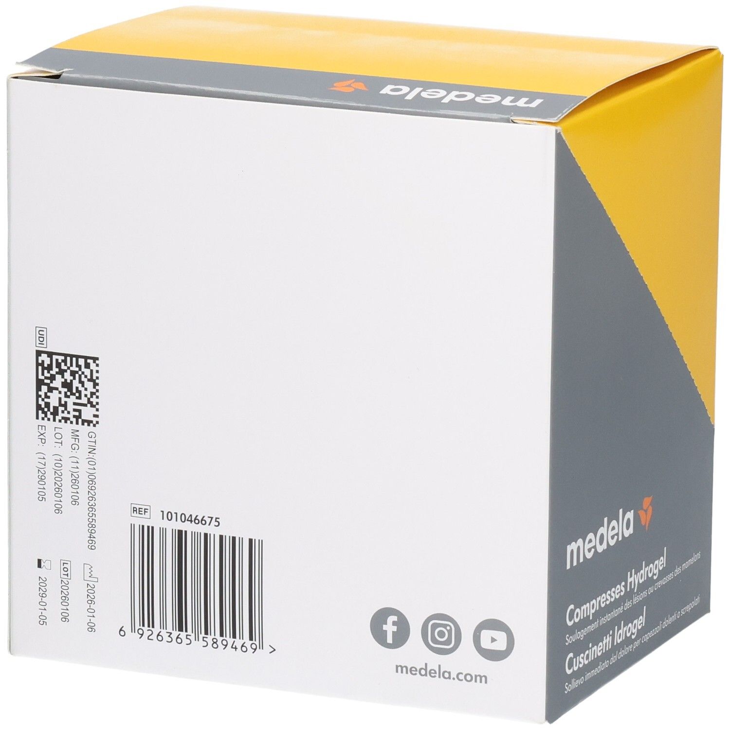 Rückseite einer Medela Hydrogel Pads Packung mit Barcode und Produktinformationen.