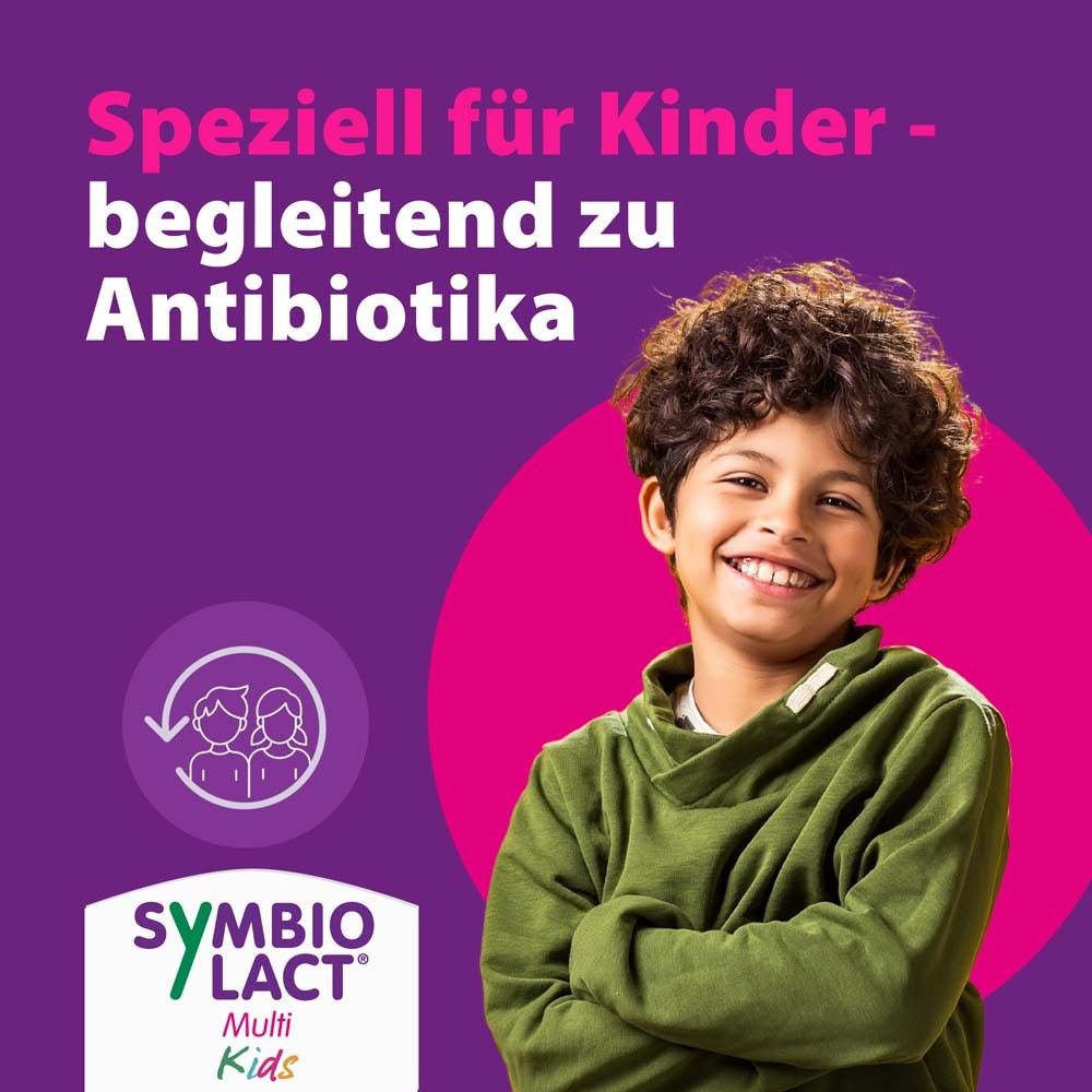 Junge lächelt. Hintergrund: Lila mit Text. Unten: SYMBIOLACT Multi Kids Logo. Text: Speziell für Kinder - begleitend zu Antibiotika.