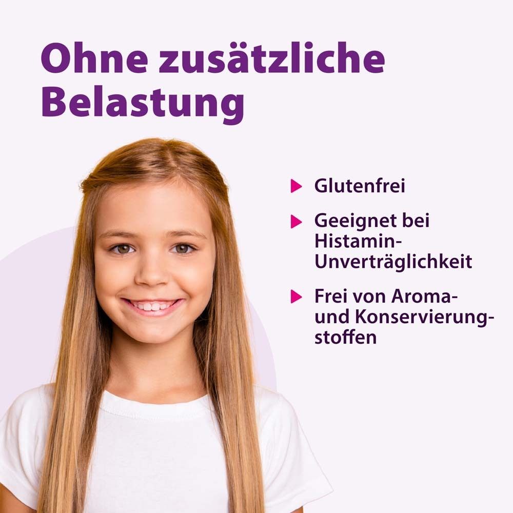 Mädchen lächelt. Text: Ohne zusätzliche Belastung. Glutenfrei. Geeignet bei Histamin-Unverträglichkeit. Frei von Aroma- und Konservierungsstoffen.