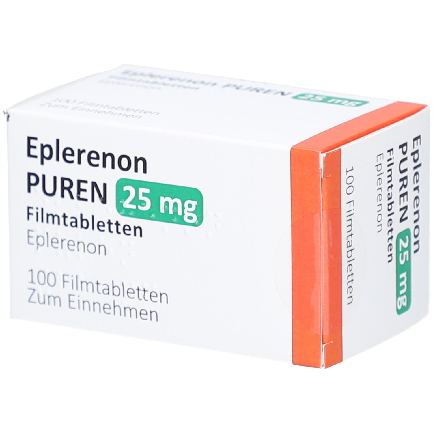 Weiße Faltschachtel. Aufdruck: Eplerenon PUREN 25 mg Filmtabletten. 100 Filmtabletten. Grün-weiße Schrift. Orangefarbener Akzent.