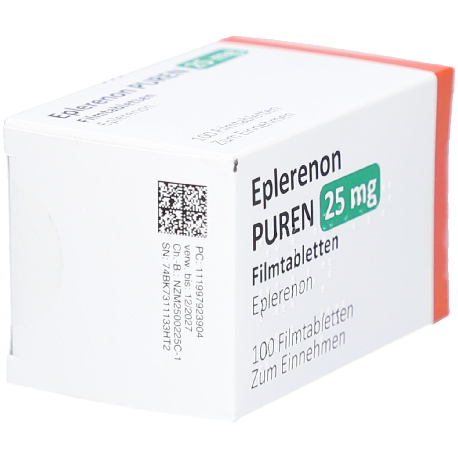 Weiße Faltschachtel. Aufdruck: Eplerenon PUREN 25 mg Filmtabletten. 100 Filmtabletten. Grün-weiße Schrift. QR-Code und Chargennummer.