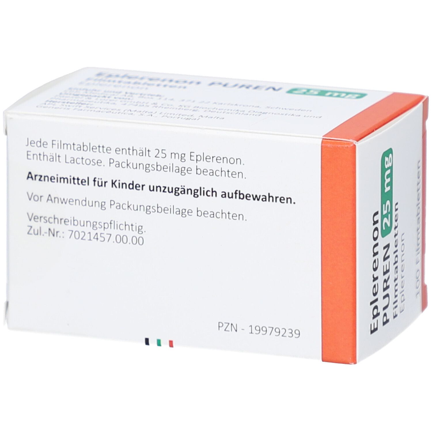 Weiße Faltschachtel. Aufdruck: Eplerenon PUREN 25 mg Filmtabletten. Text in deutscher Sprache. PZN-19979239.