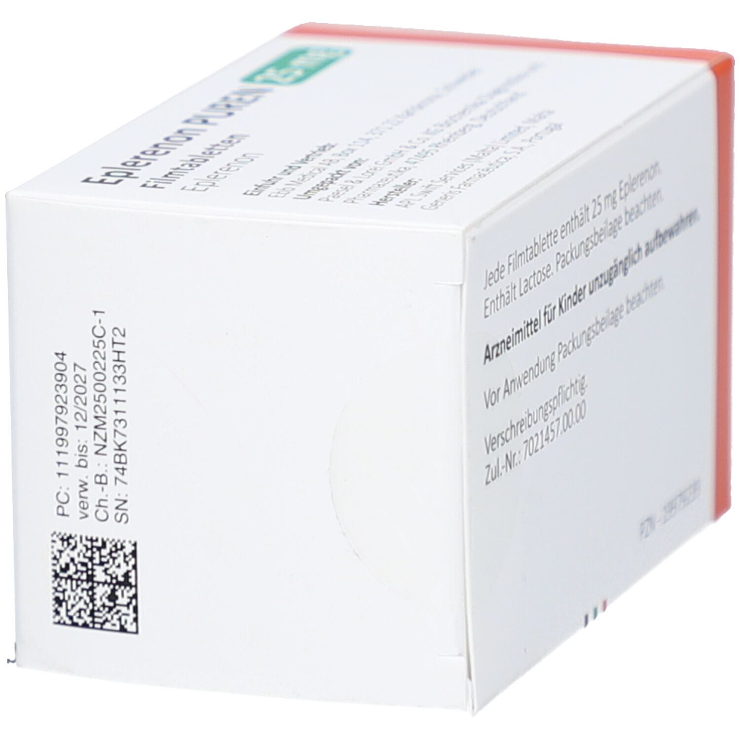 Weiße Faltschachtel. Aufdruck: Eplerenon PUREN 25 mg Filmtabletten. QR-Code und Chargennummer. Orangefarbener Akzent.